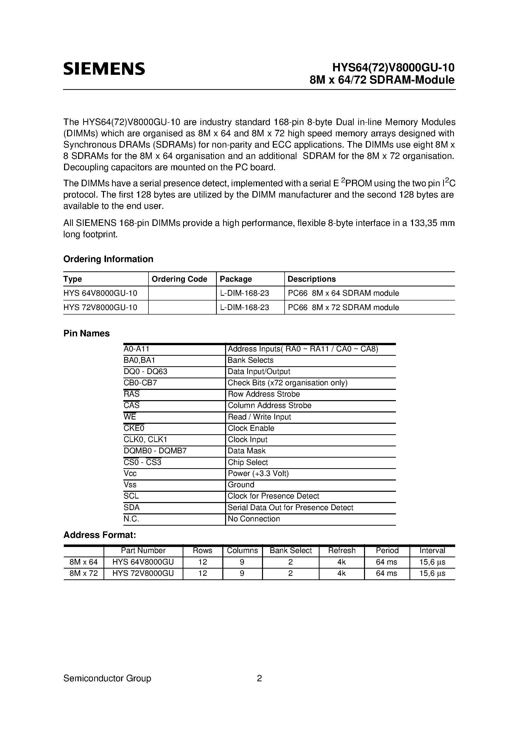Datasheet HYS64V8000GU-10 - 3.3V 8M x 64-Bit SDRAM Module 3.3V 8M x 72-Bit SDRAM Module page 2