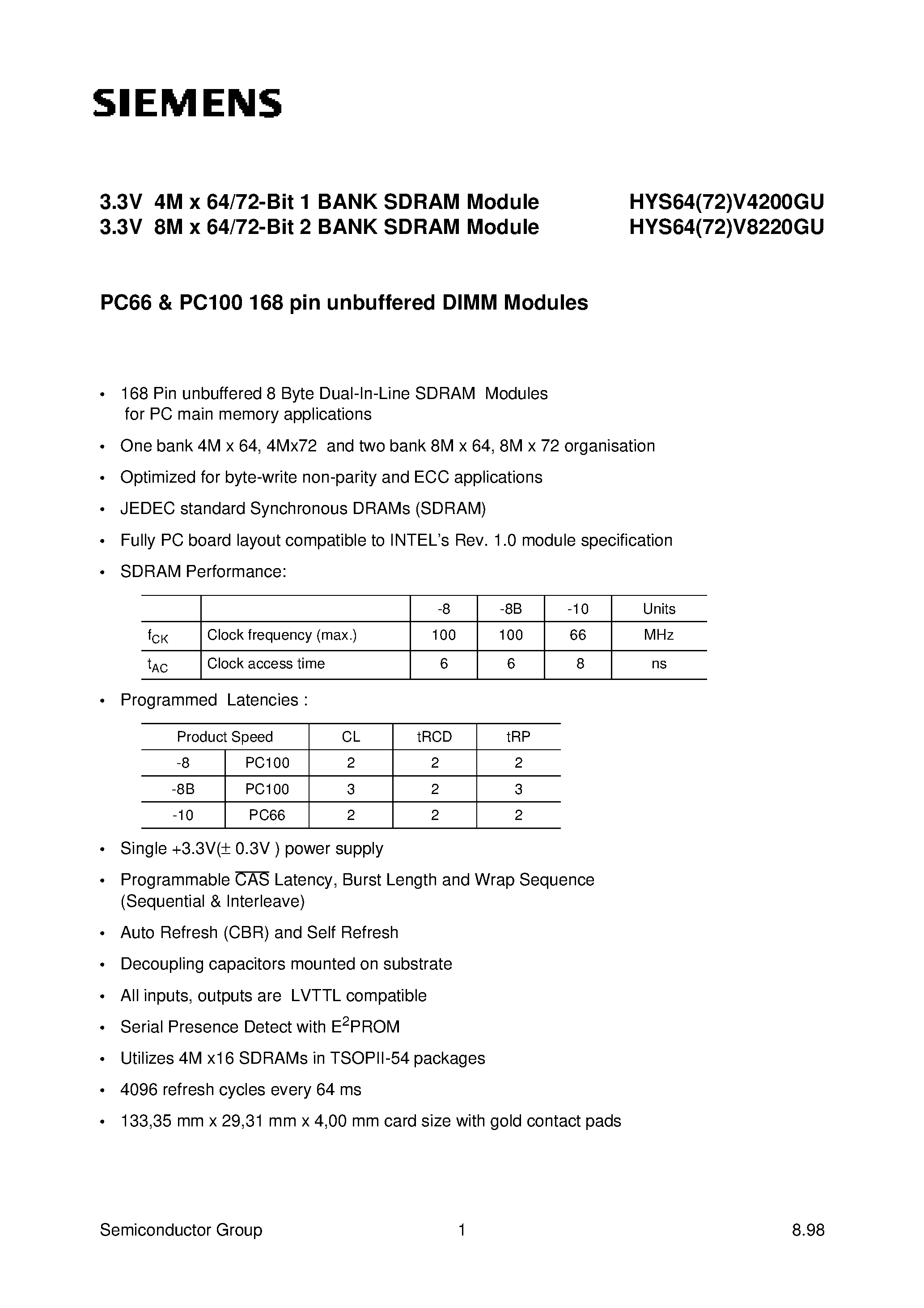 Даташит HYS64V8220GU-8 - 3.3V 4M x 64/72-Bit 1 BANK SDRAM Module 3.3V 8M x 64/72-Bit 2 BANK SDRAM Module страница 1