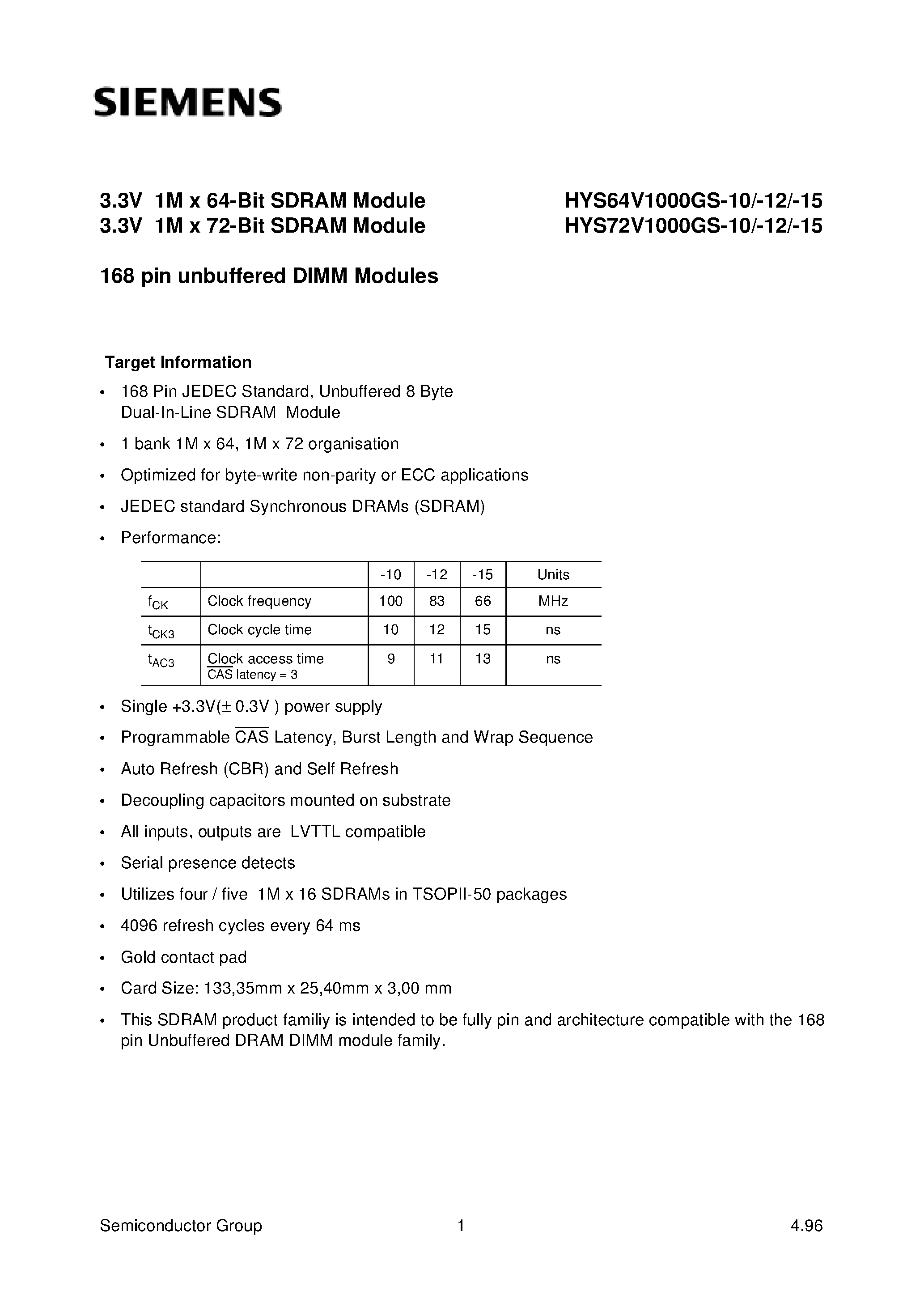 Datasheet HYS72V1000GU-50 - 3.3V 1M x 64-Bit SDRAM Module 3.3V 1M x 72-Bit SDRAM Module page 1
