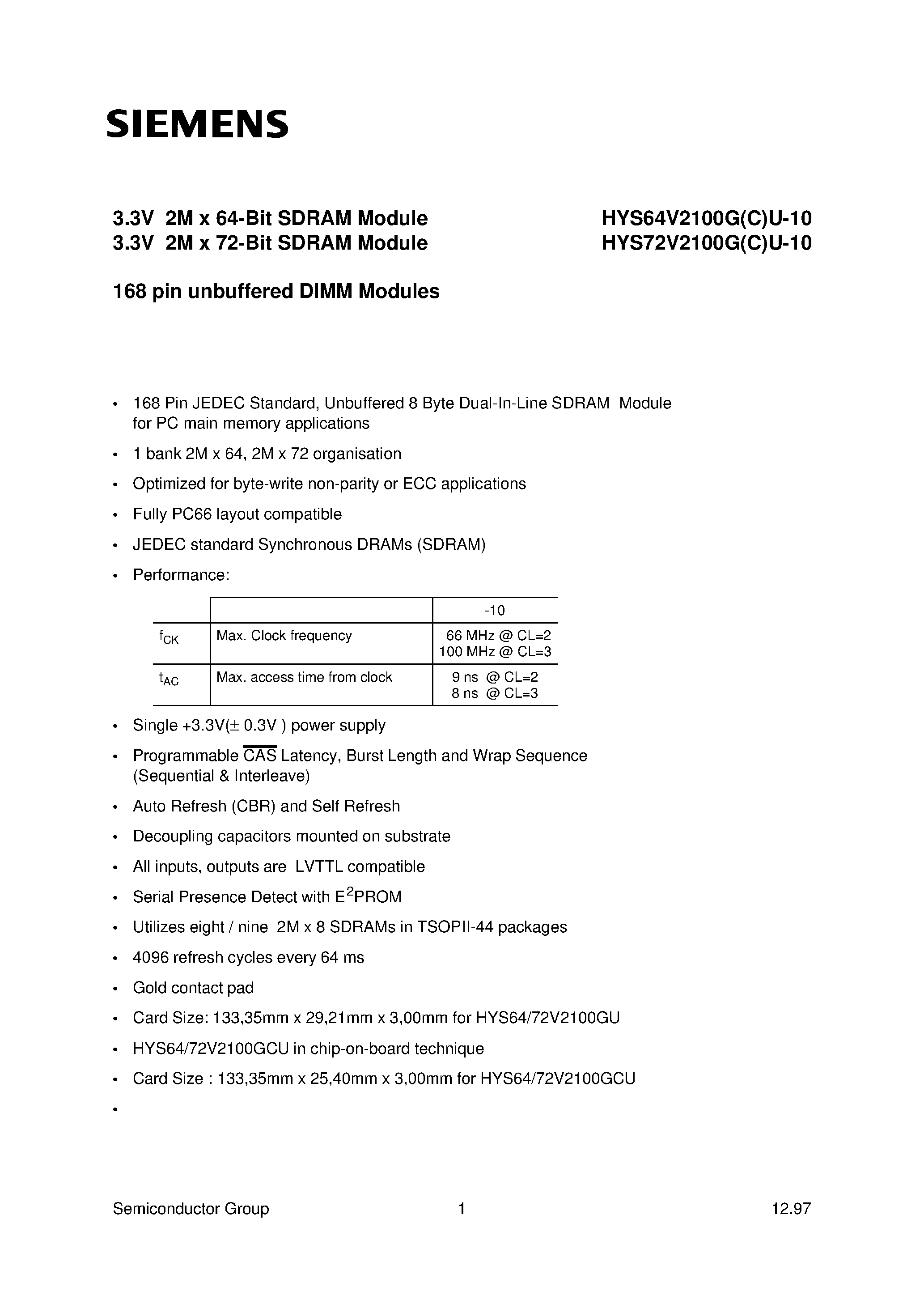 Datasheet HYS72V2100GU-10 - 3.3V 2M x 64-Bit SDRAM Module 3.3V 2M x 72-Bit SDRAM Module page 1