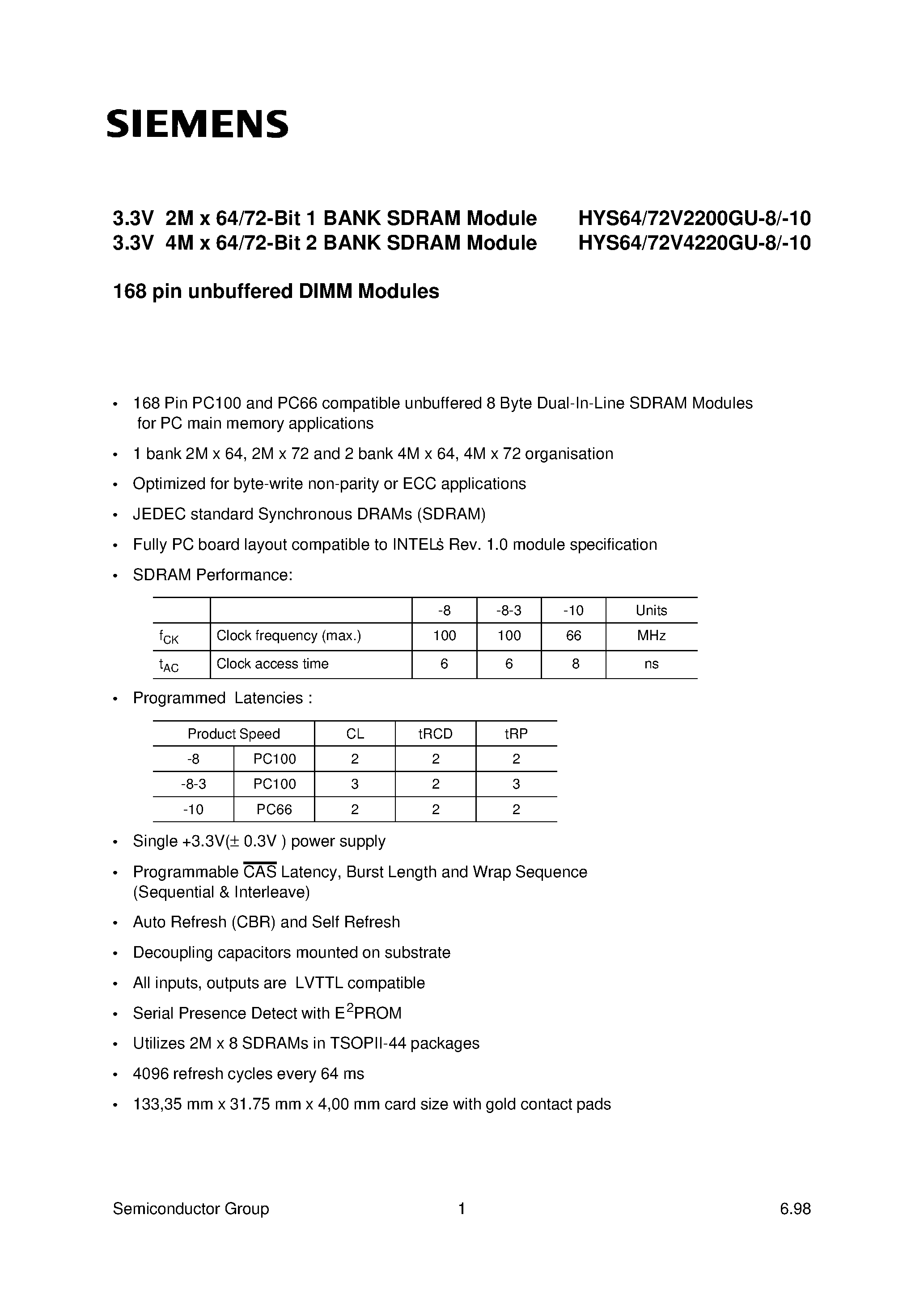 Datasheet HYS72V2200GU-10 - 3.3V 2M x 64/72-Bit 1 BANK SDRAM Module 3.3V 4M x 64/72-Bit 2 BANK SDRAM Module page 1