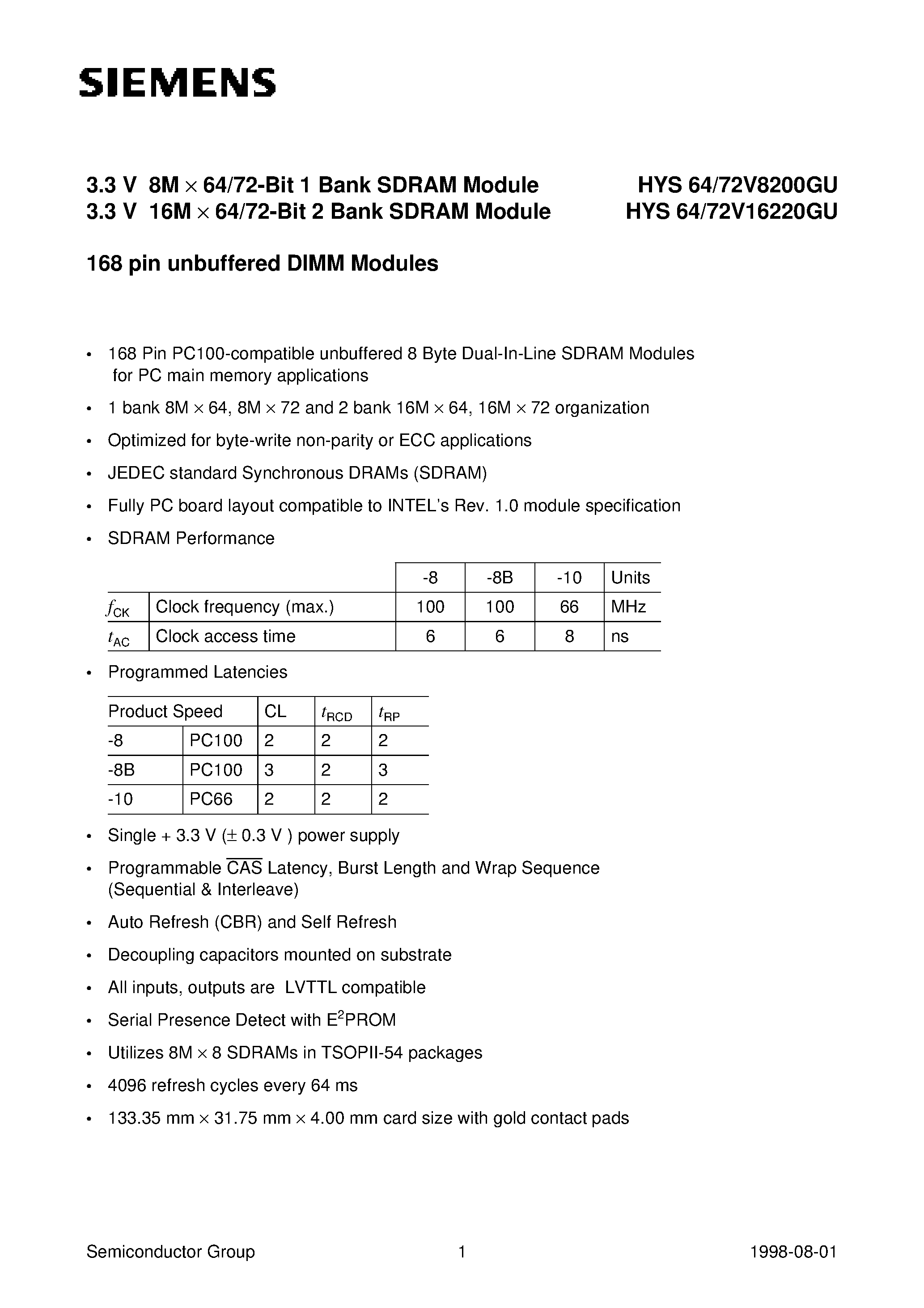 Datasheet HYS72V8200GU-10 - 3.3 V 8M x 64/72-Bit 1 Bank SDRAM Module 3.3 V 16M x 64/72-Bit 2 Bank SDRAM Module page 1
