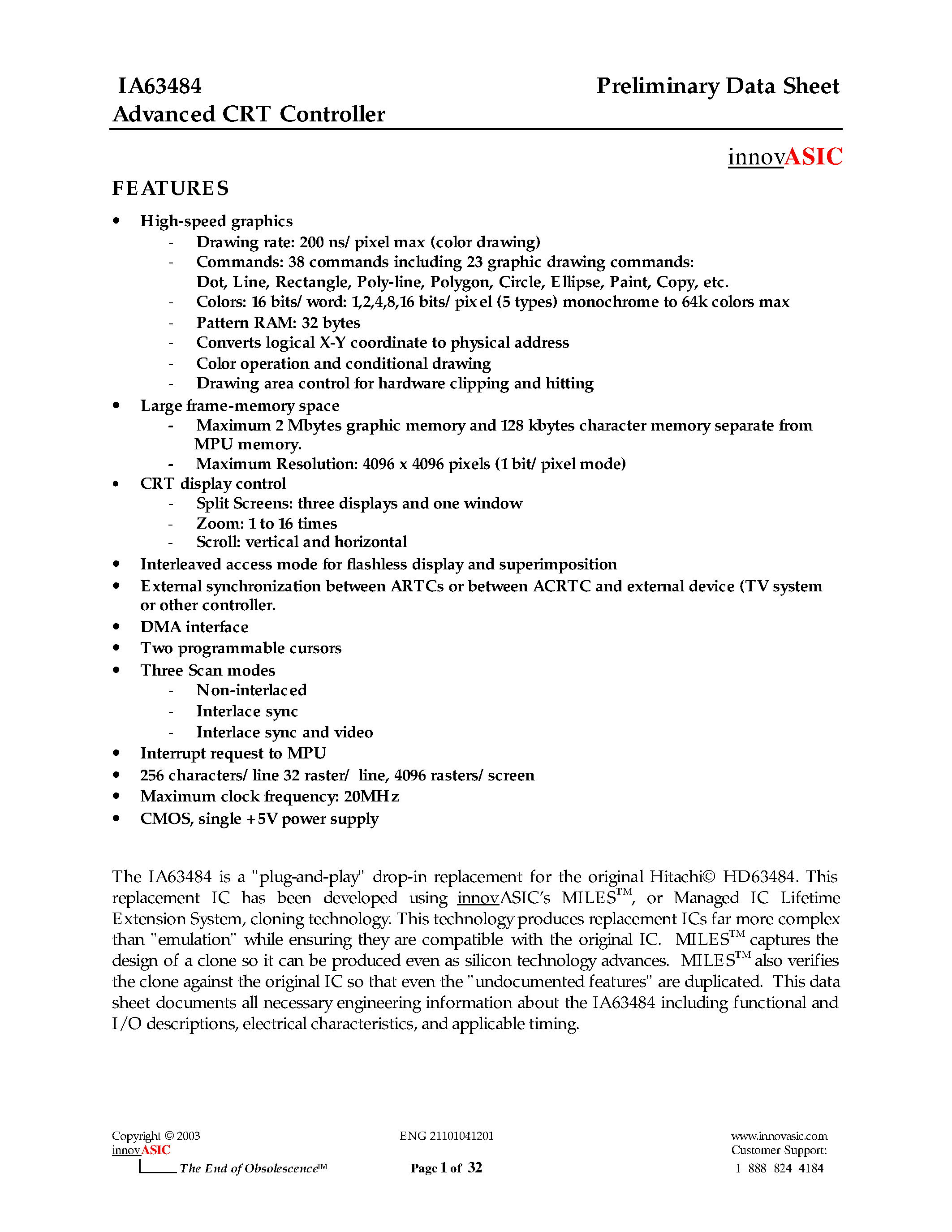 Datasheet IA63484-PLC68I - Advanced CRT Controller page 1