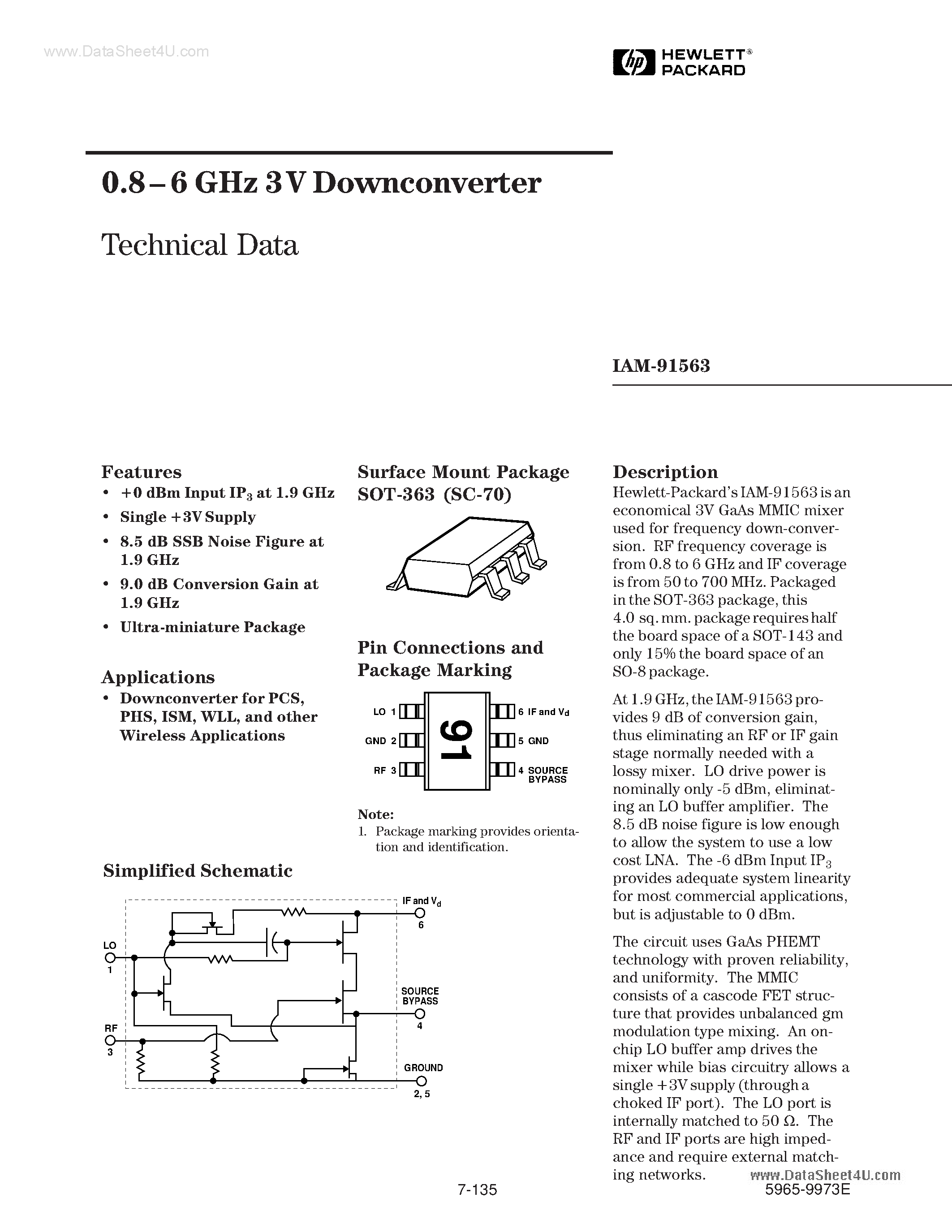 Datasheet IAM-91563-TR1 - 0.8-6 GHz 3V GaAs MMIC _ERo[^ page 1
