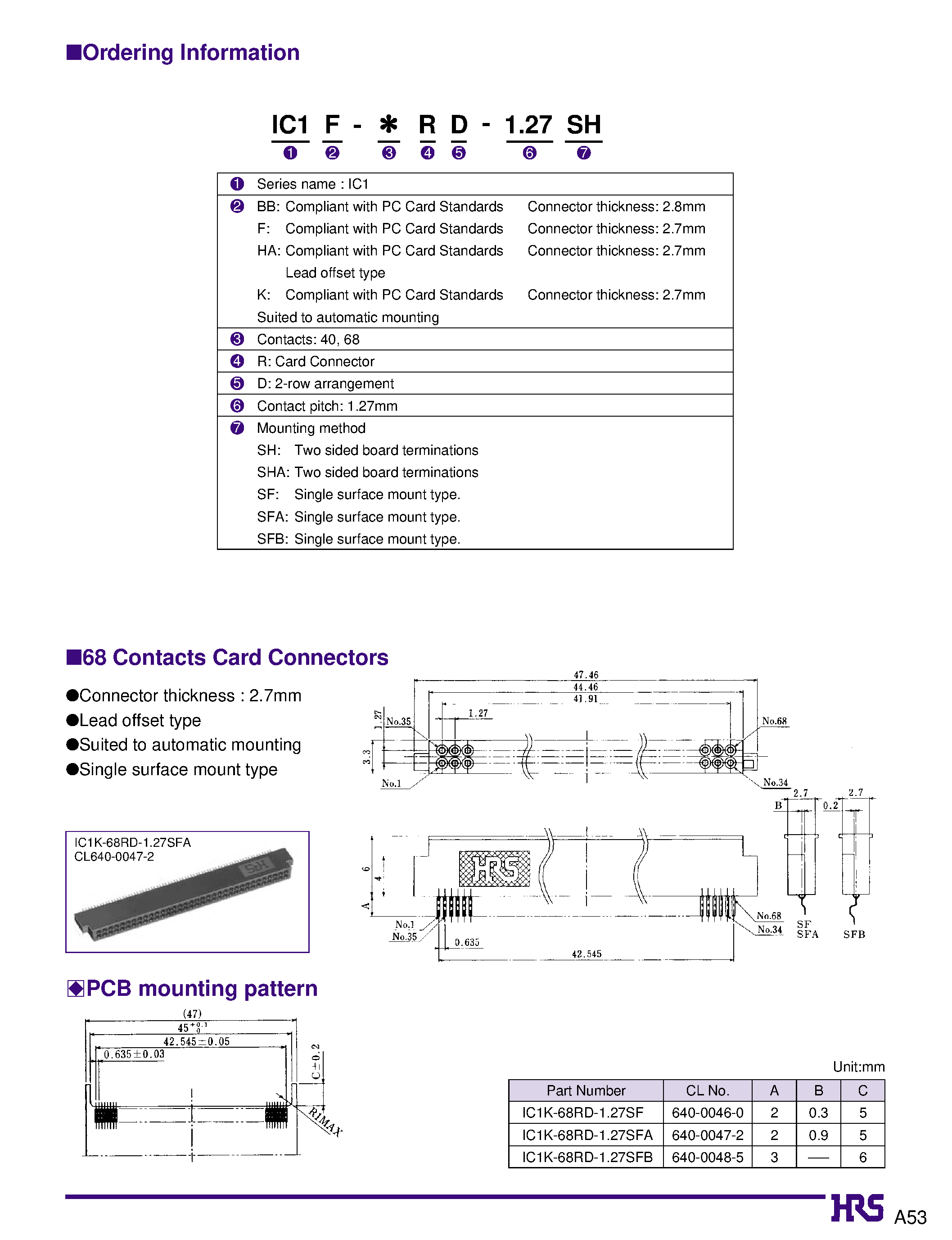 Datasheet IC1K-68RD-1.27SFB page 2 Datasheet IC1K-68RD-1.27SFB - PC Card Socket Connector Complies with PC card Standard page 2