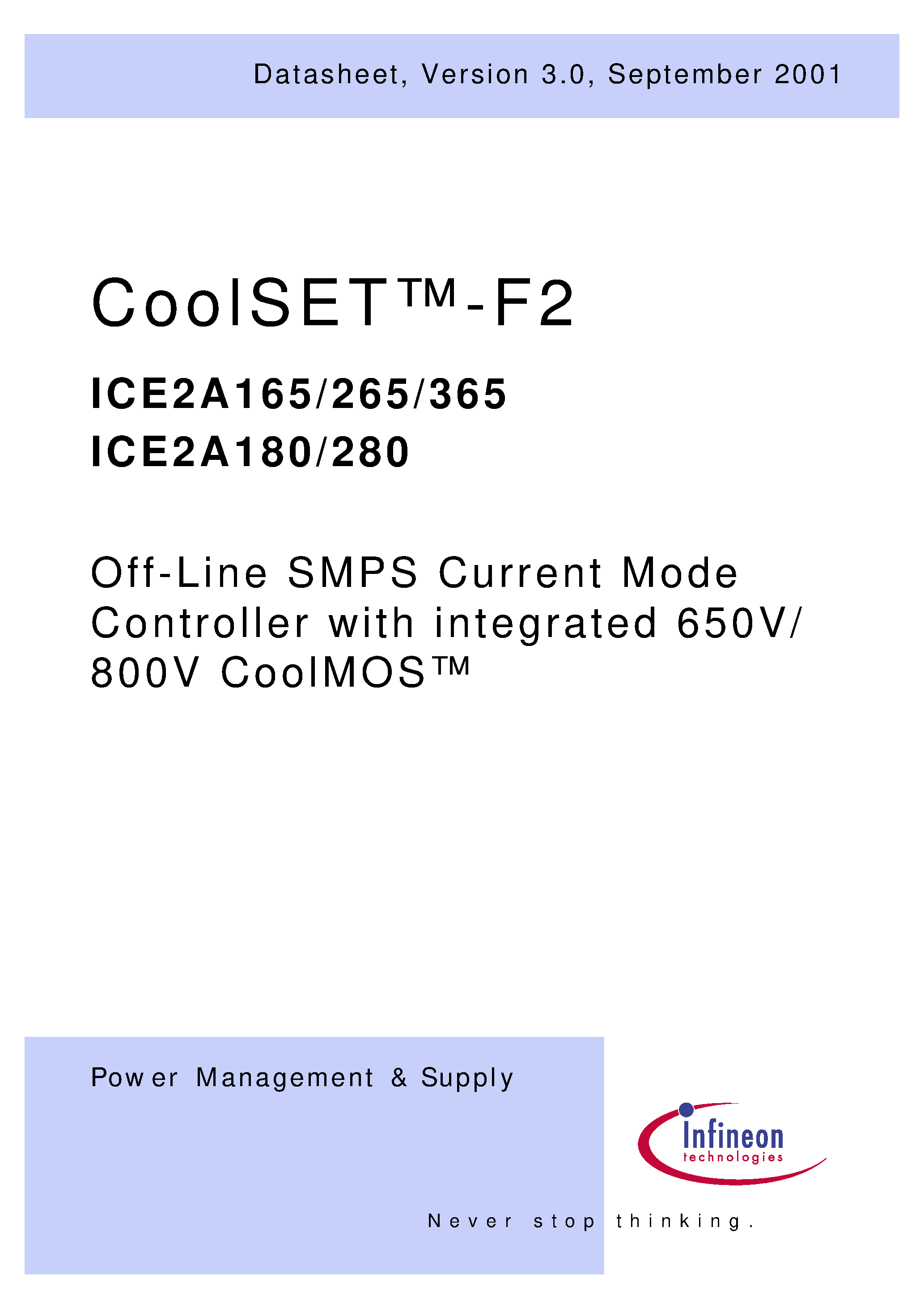 Datasheet ICE2A265 - Off-Line SMPS Current Mode Controller with integrated 650V/800V CoolMOS page 1