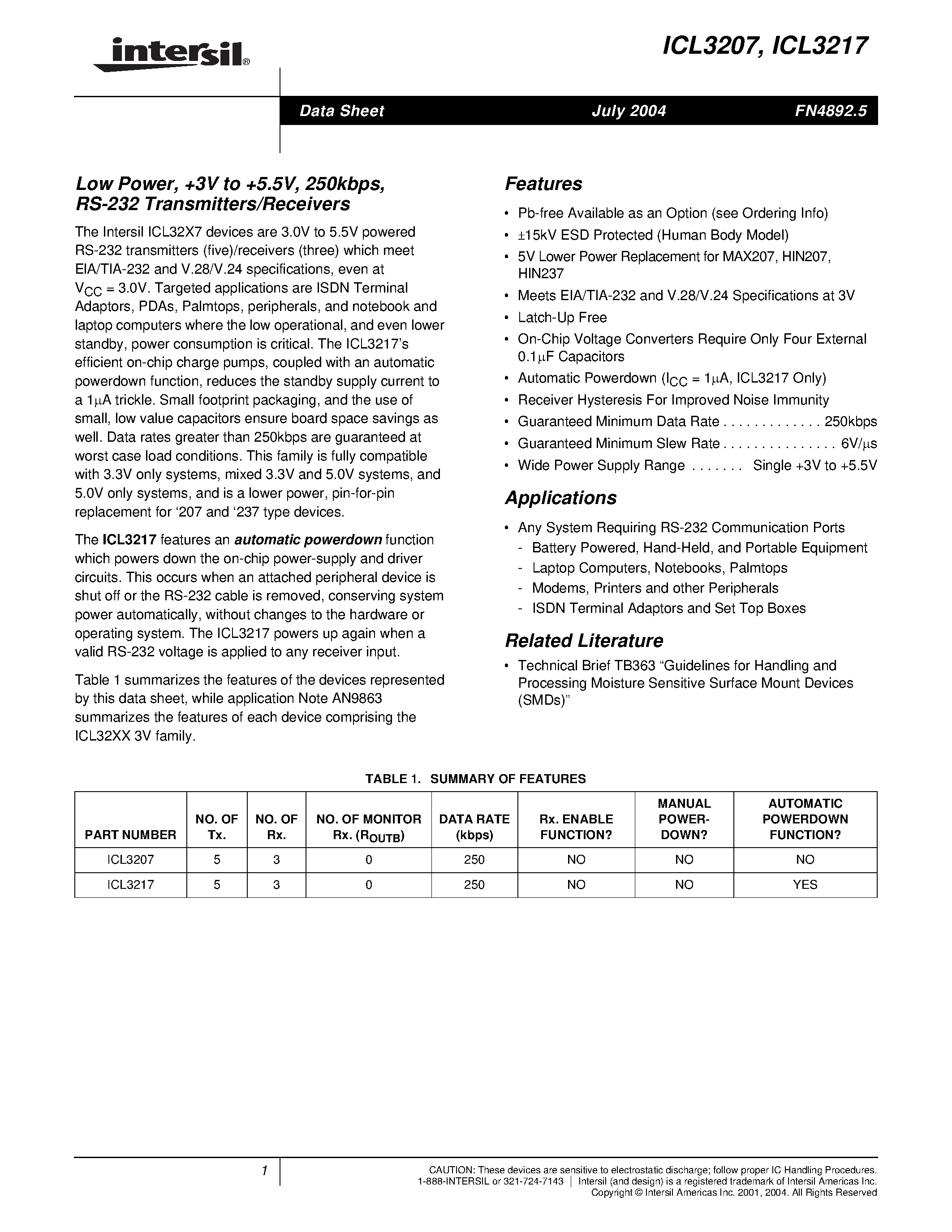 Datasheet ICL3217 page 1 Datasheet ICL3217 - Low Power/ +3V to +5.5V/ 250kbps/ RS-232 Transmitters/Receivers page 1