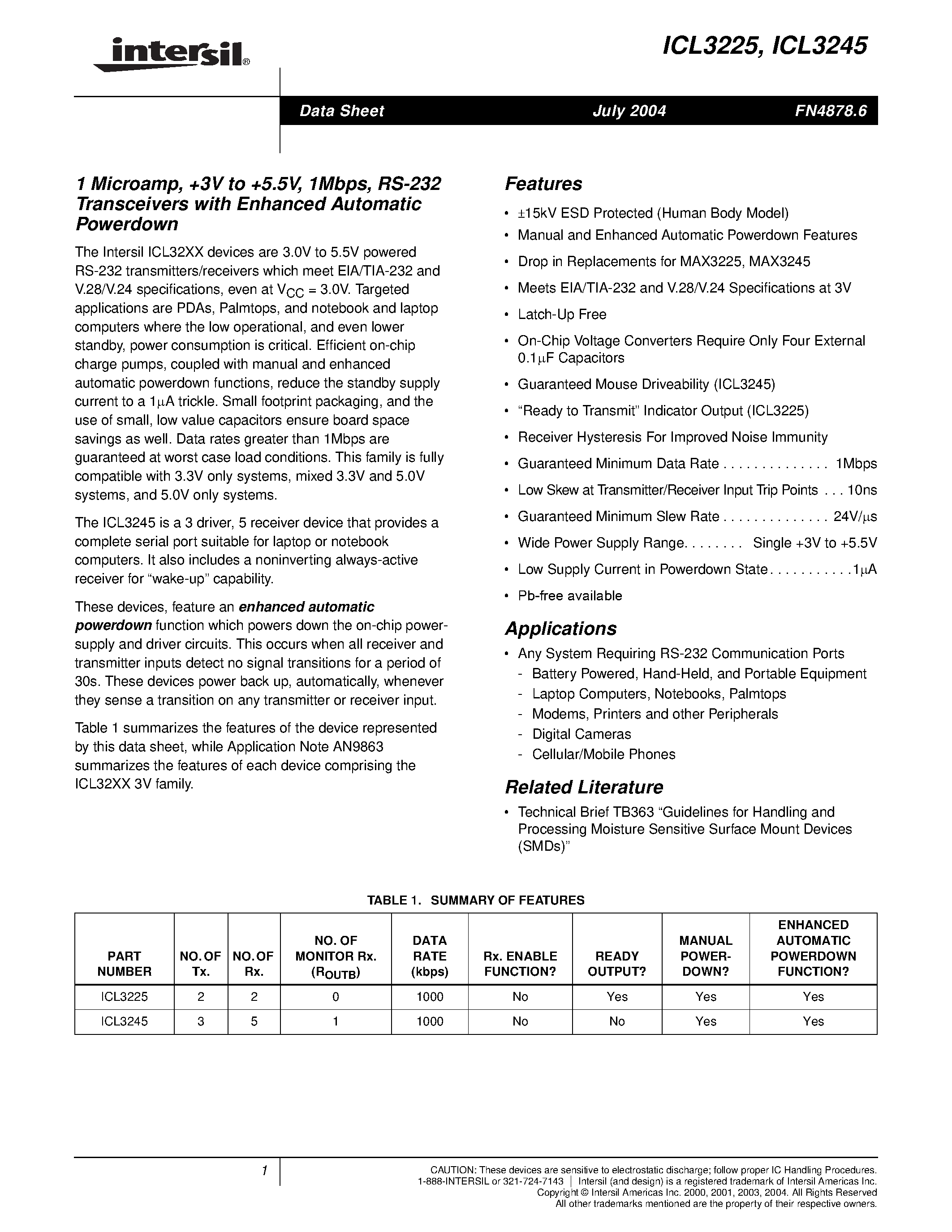 Datasheet ICL3225 page 1 Datasheet ICL3225 - 1 Microamp/ +3V to +5.5V/ 1Mbps/ RS-232 Transceivers with Enhanced Automatic Powerdown page 1