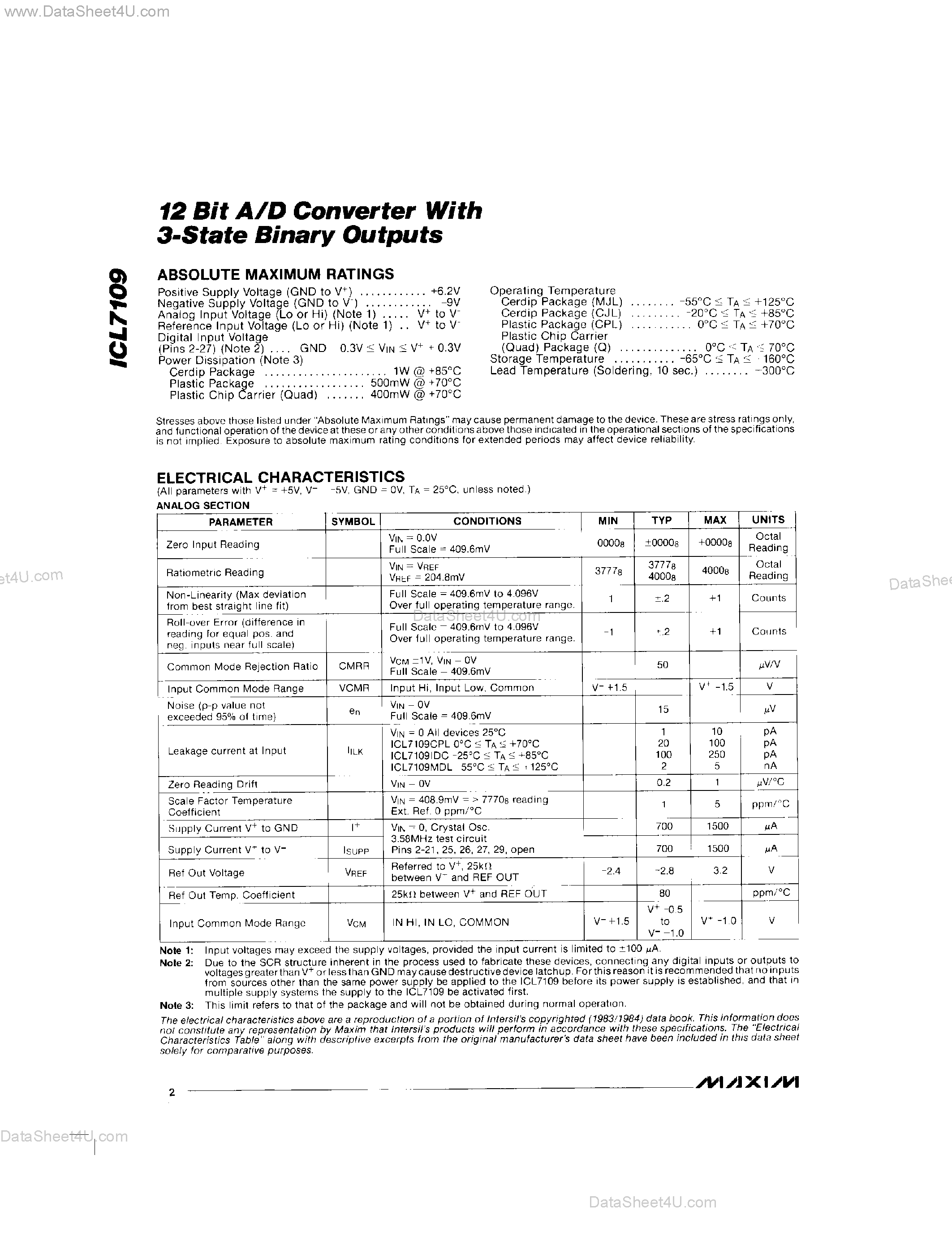 Datasheet ICL7109C/D - 12 Bit A/D Converter With 3-State Binary Outputs page 2
