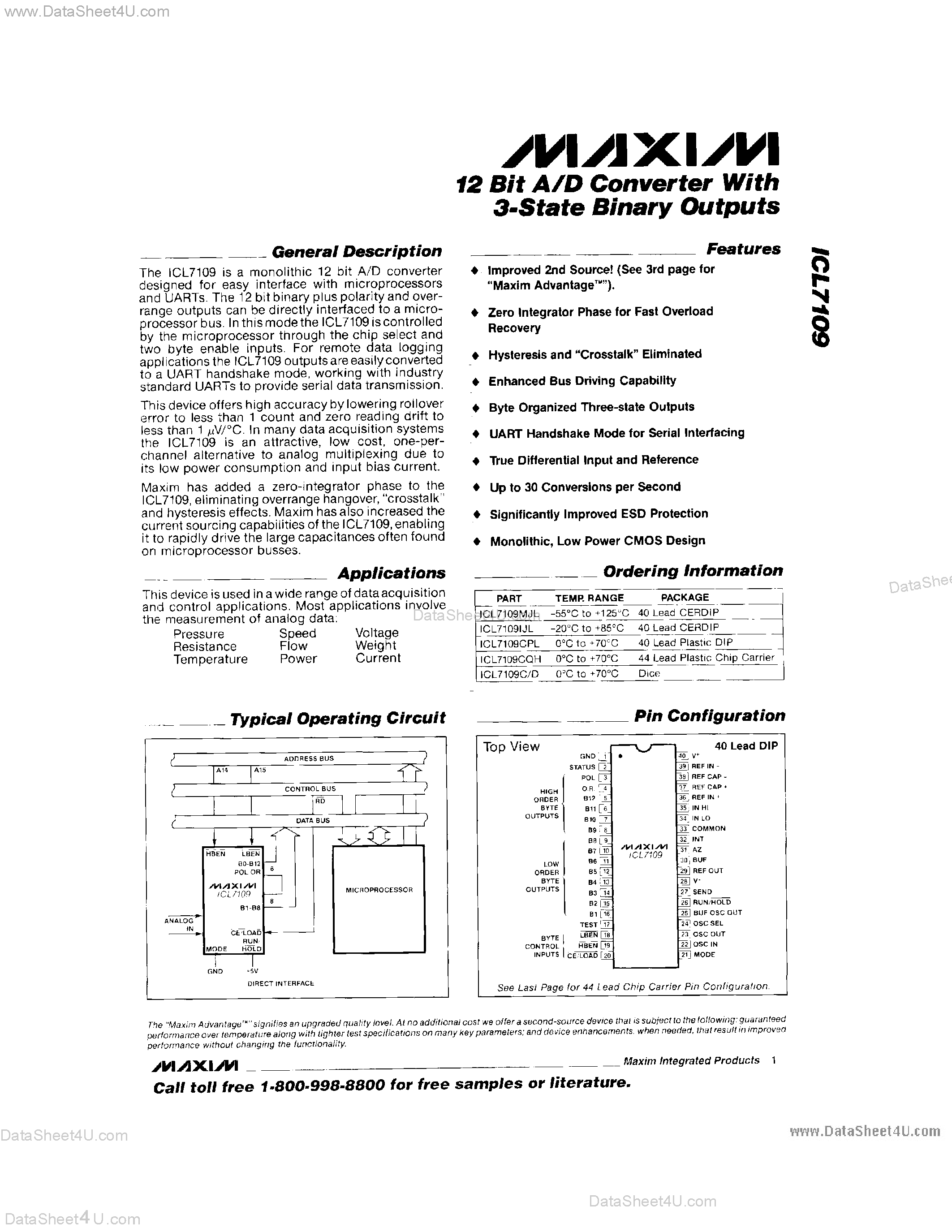 Даташит ICL7109CPL - 12 Bit A/D Converter With 3-State Binary Outputs страница 1