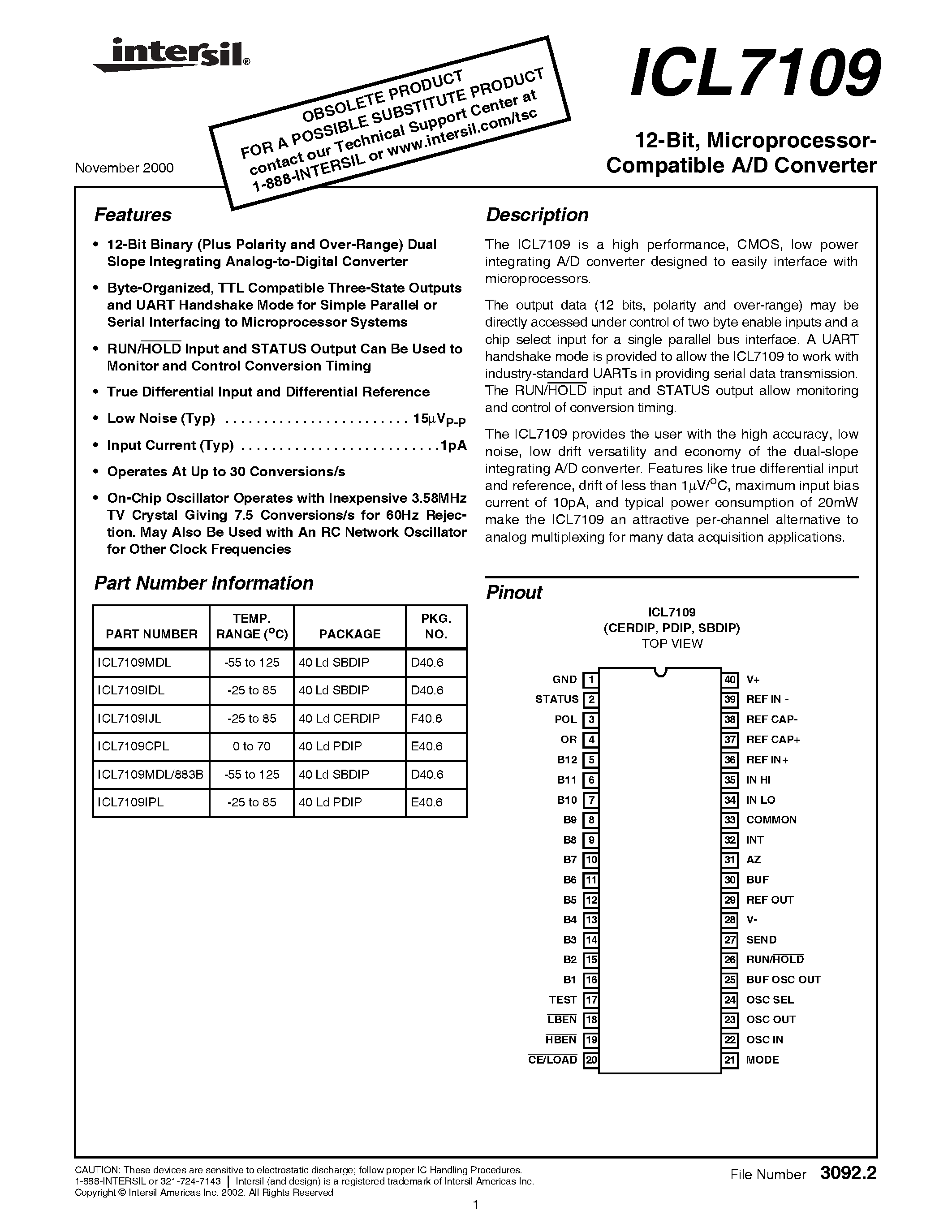 Даташит ICL7109CPL - 12-Bit/ Microprocessor- Compatible A/D Converter страница 1