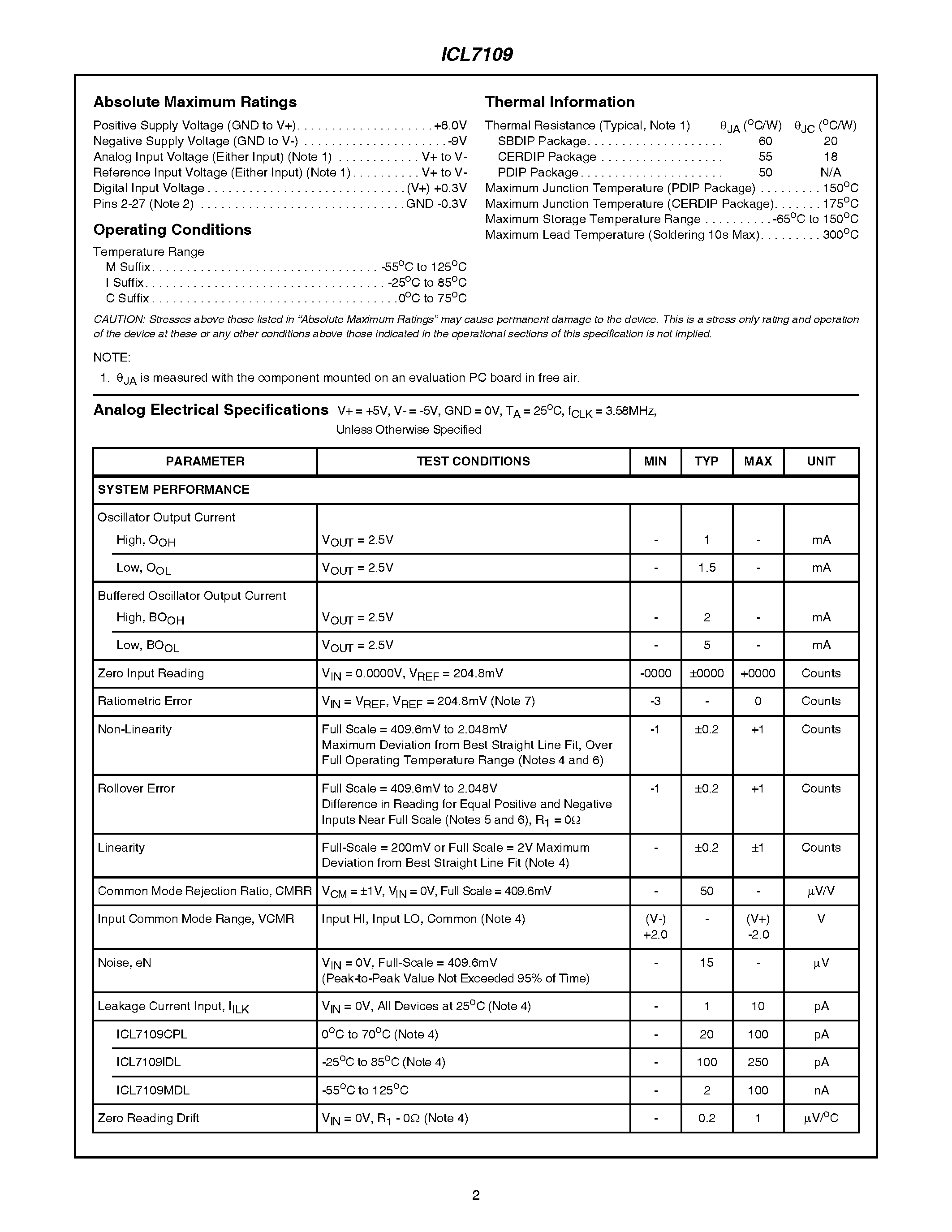 Даташит ICL7109IPL - 12-Bit/ Microprocessor- Compatible A/D Converter страница 2