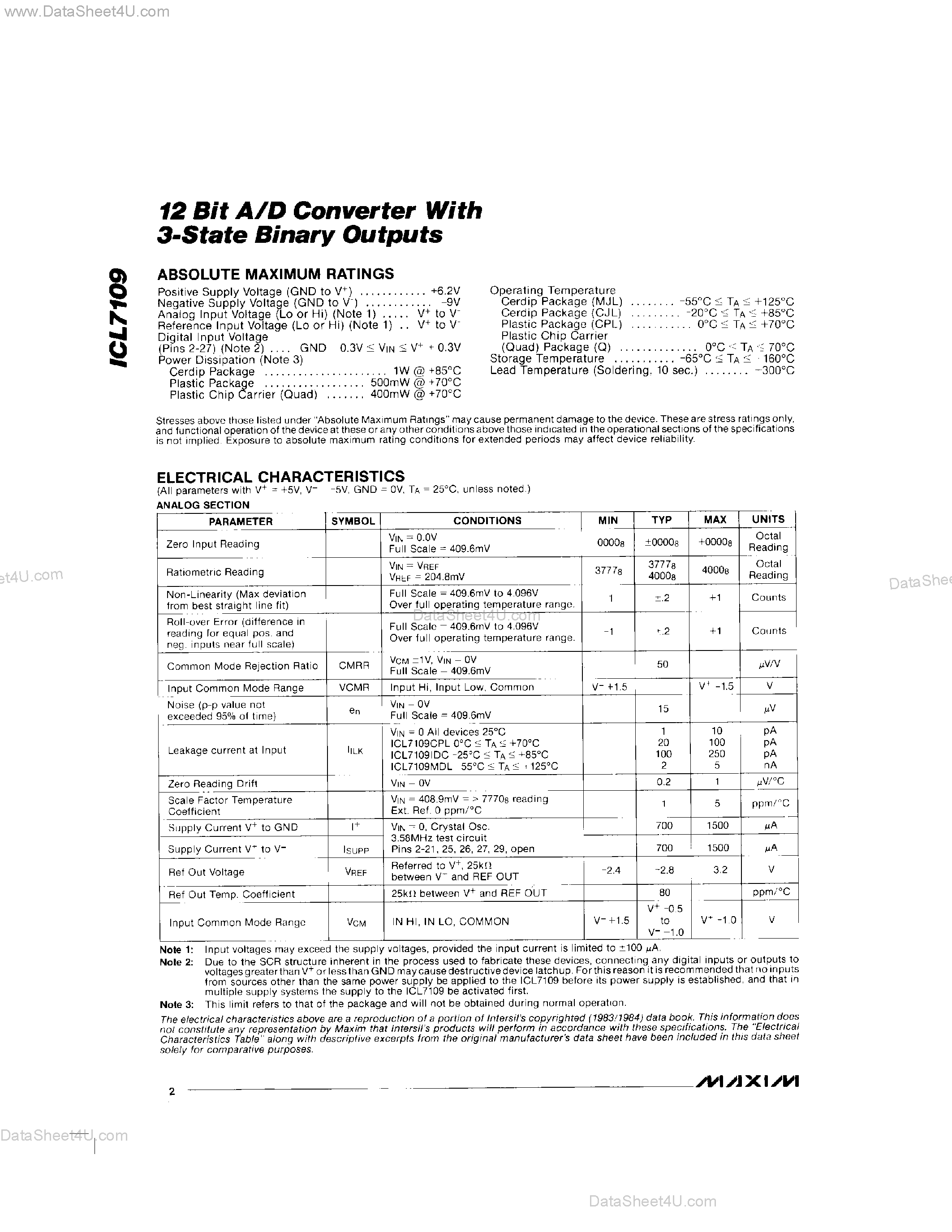 Даташит ICL7109MJL - 12 Bit A/D Converter With 3-State Binary Outputs страница 2