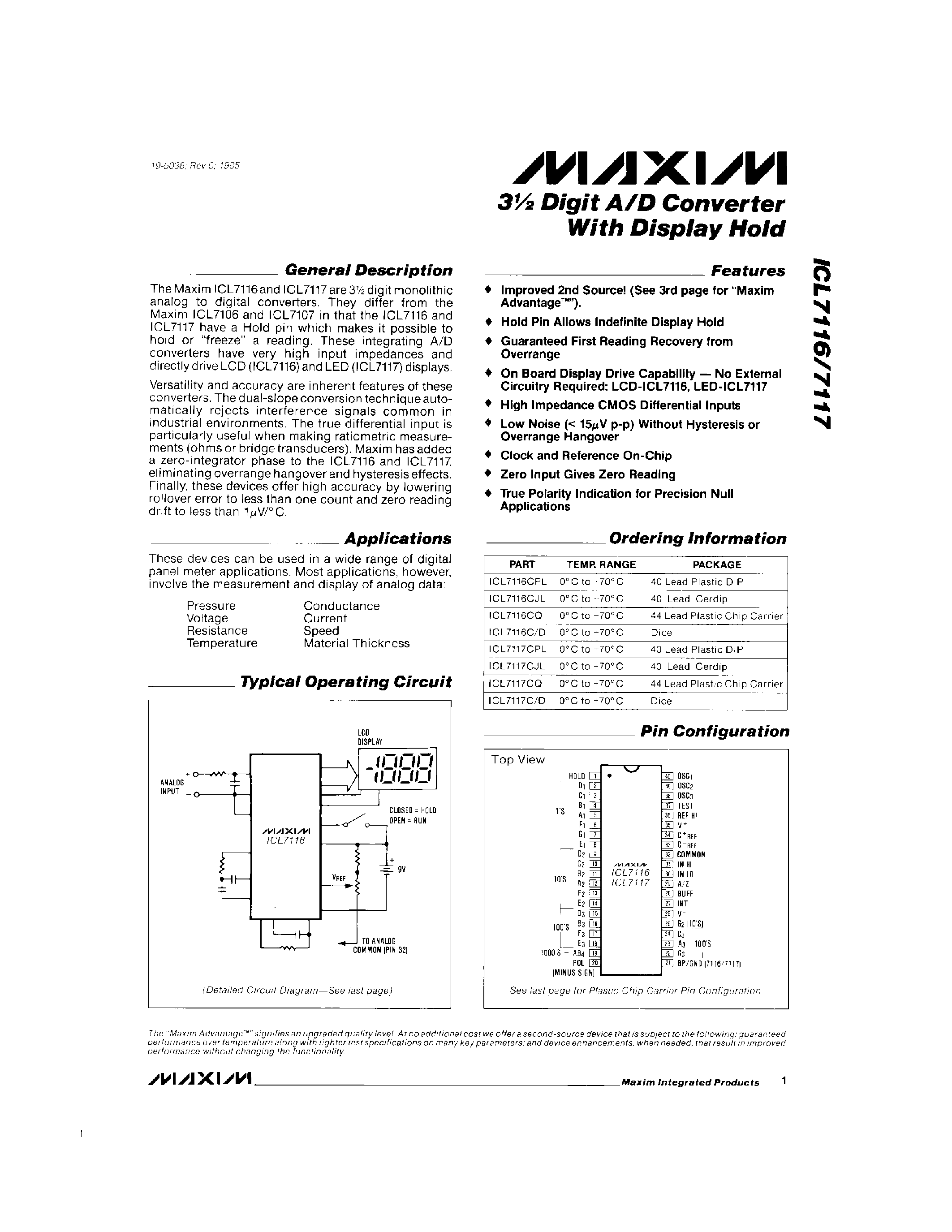 Даташит ICL7116CJL - 3 Digit A/D Converter With Display Hold страница 1