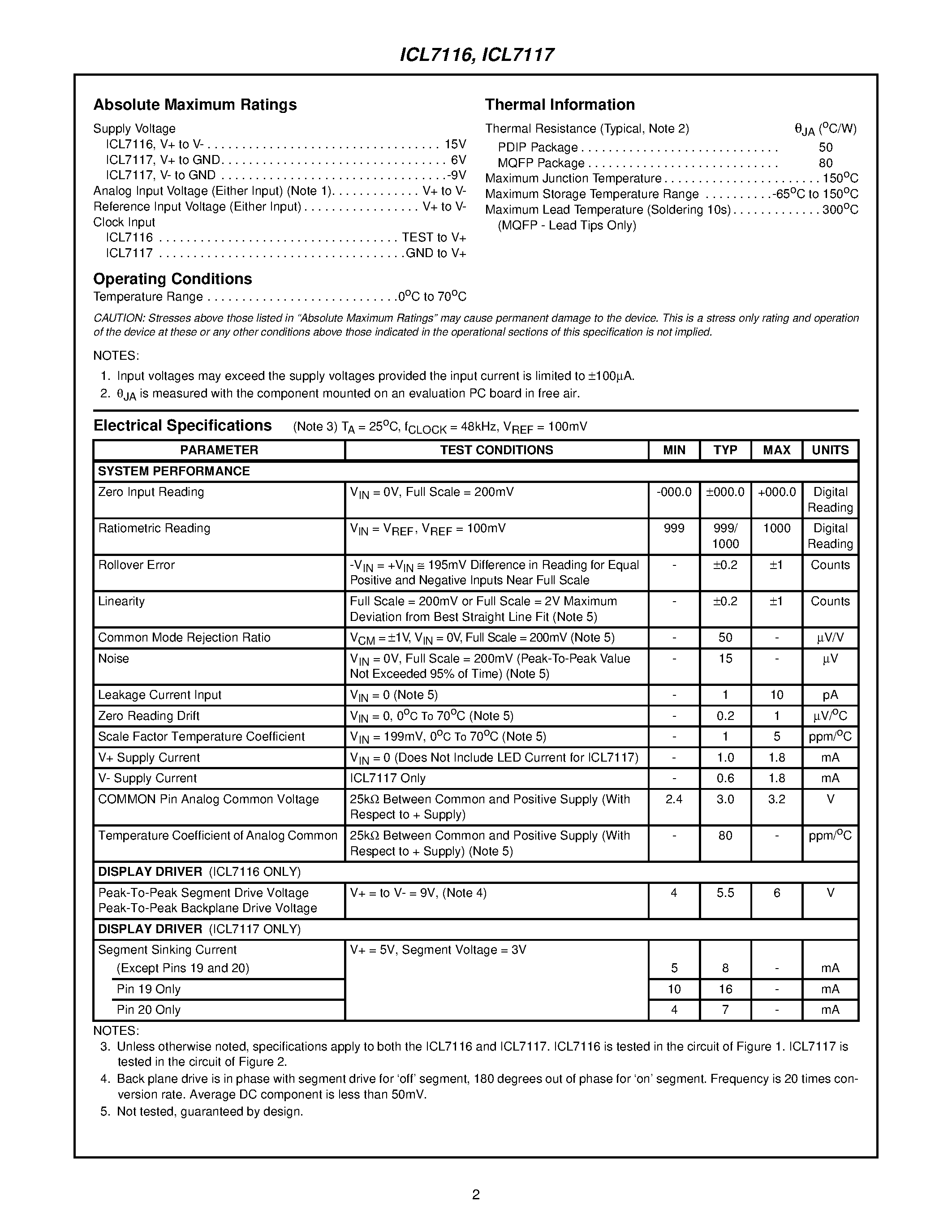 Даташит ICL7117CPL - 31/2 Digit/ LCD/LED Display/ A/D Converter with Display Hold страница 2