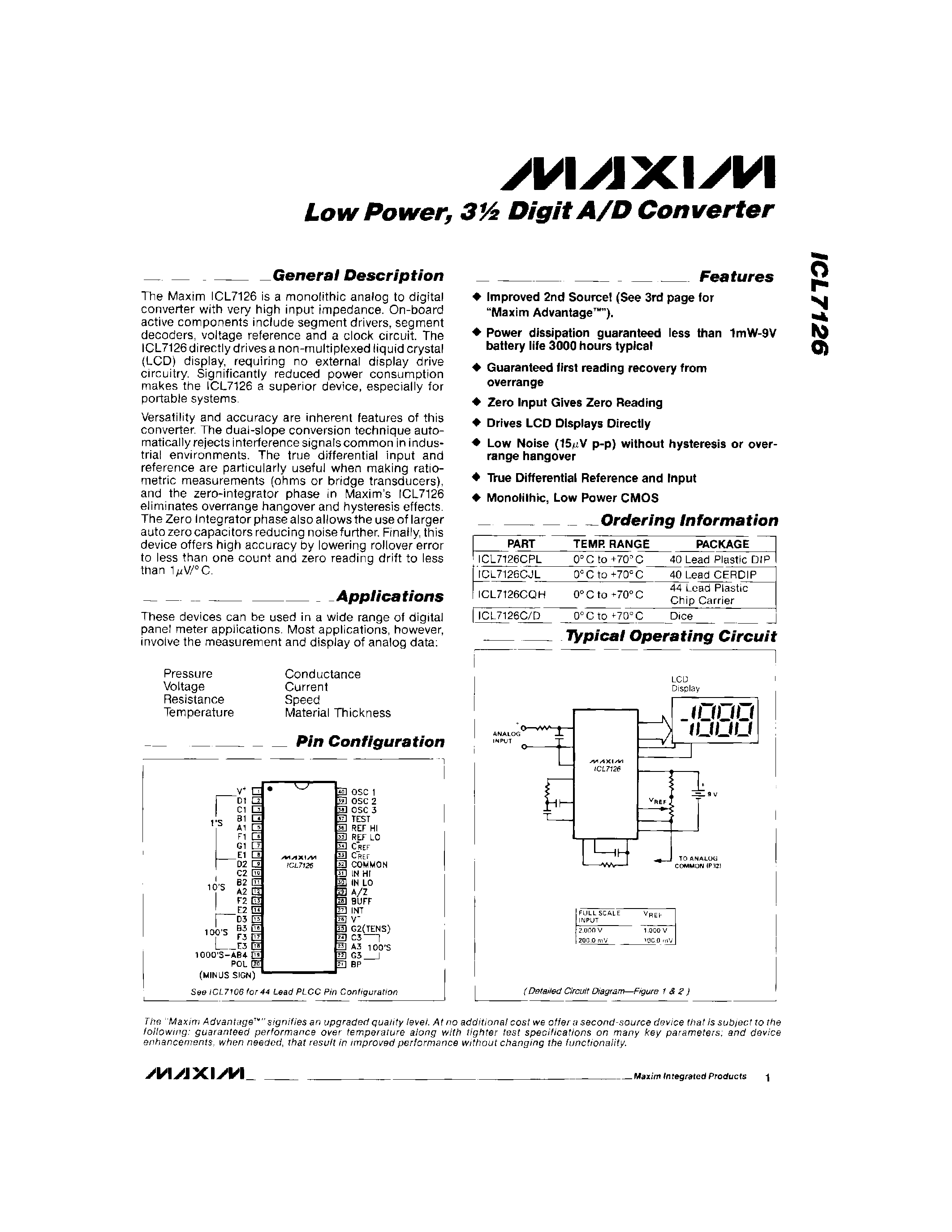Даташит ICL7126 - Low Power/ 3 Digit A/D Converter страница 1