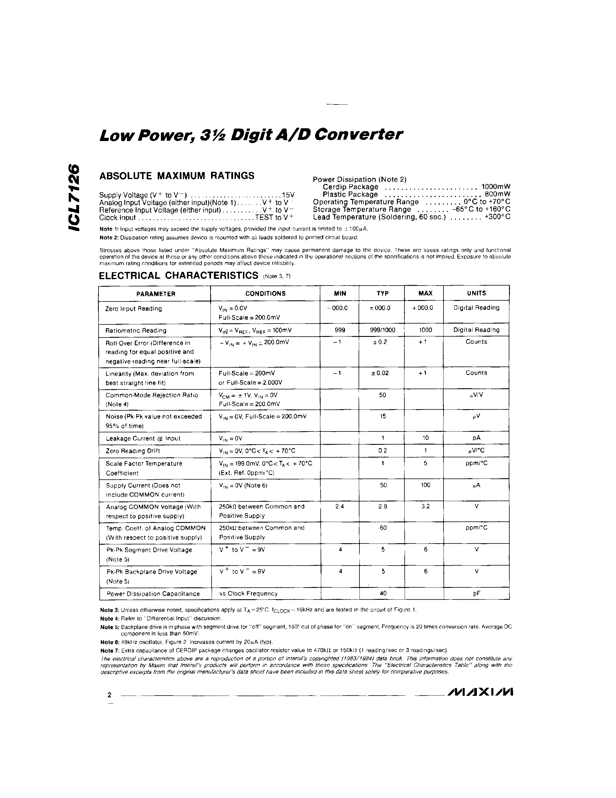 Даташит ICL7126CJL - Low Power/ 3 Digit A/D Converter страница 2