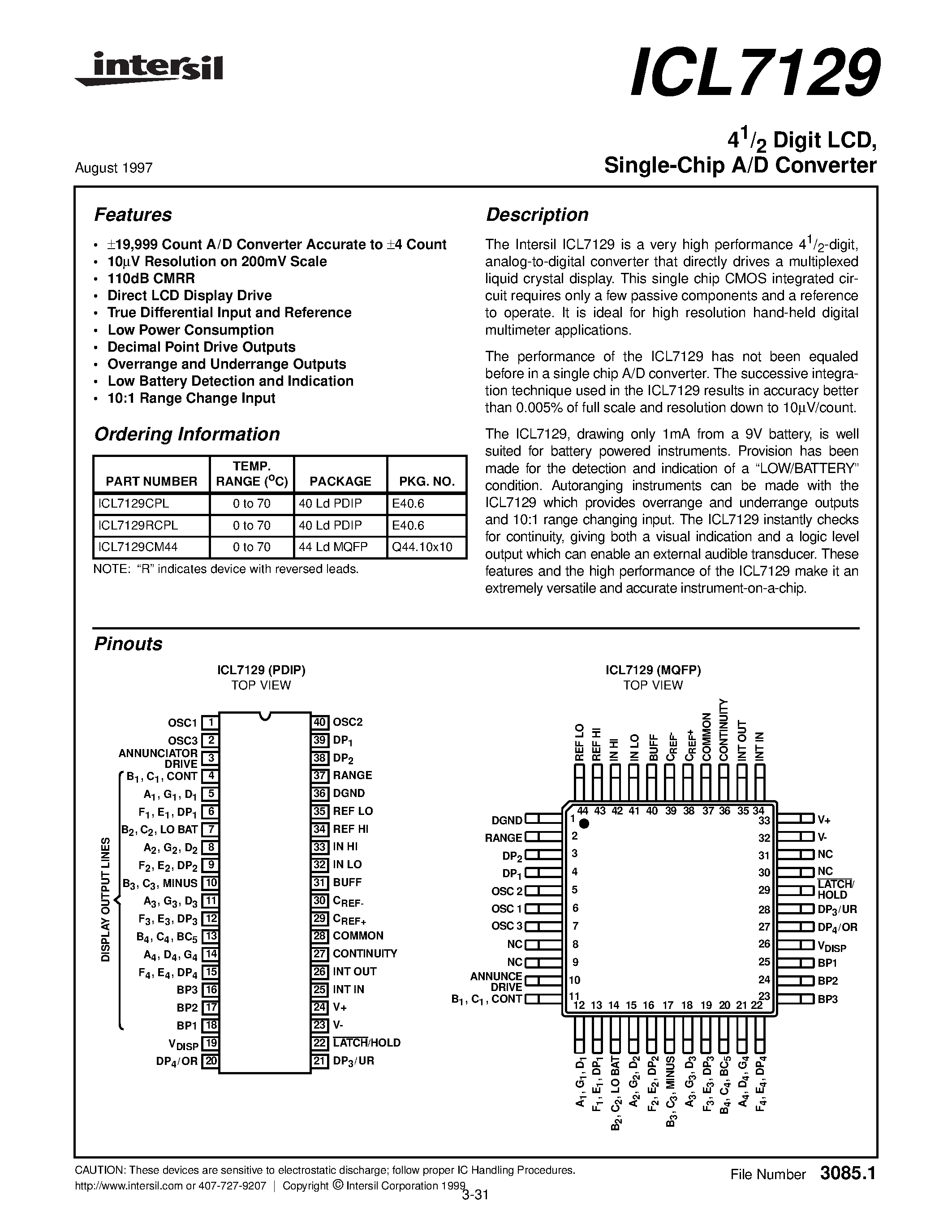 Даташит ICL7129RCPL - 41/2 Digit LCD/ Single-Chip A/D Converter страница 1