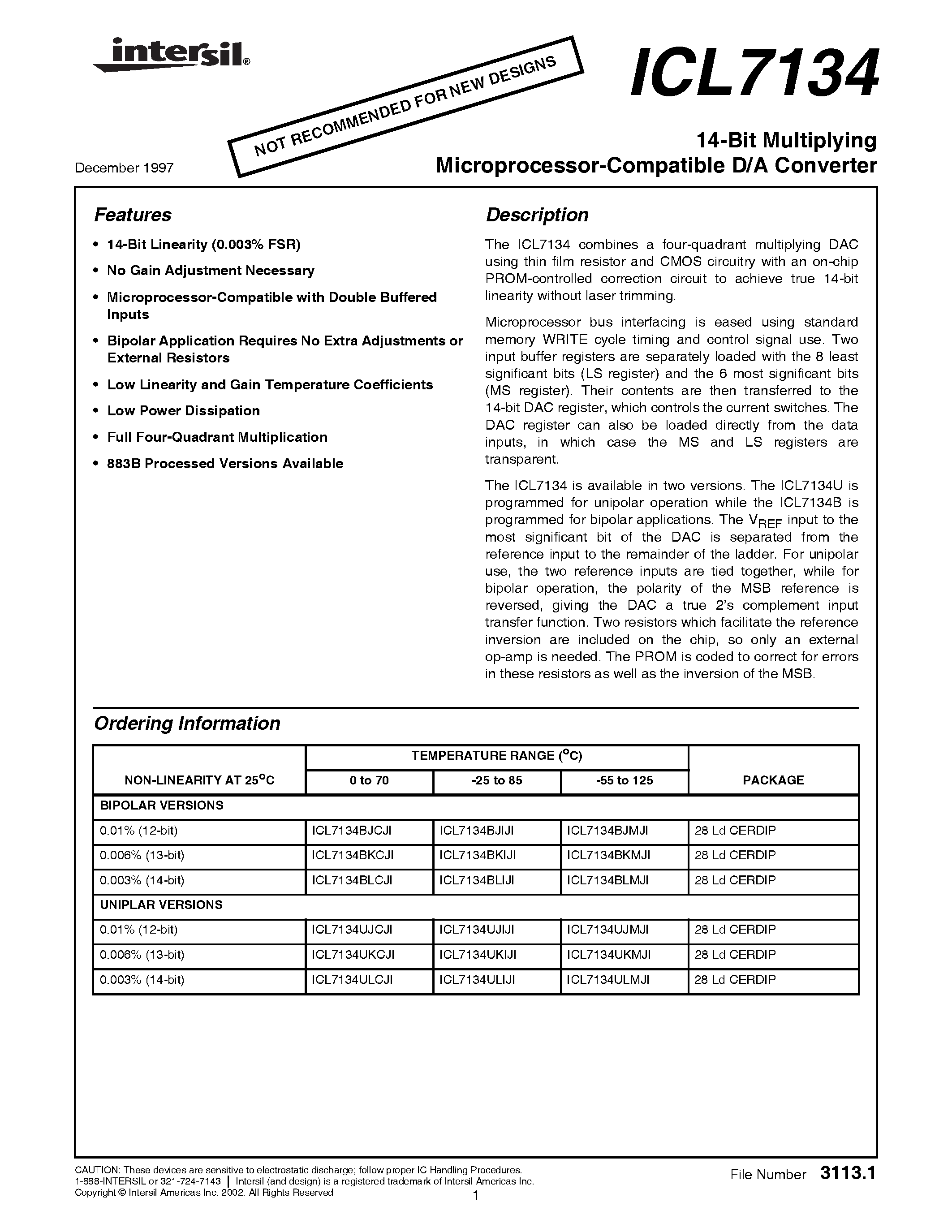 Даташит ICL7134 - 14-Bit Multiplying Microprocessor-Compatible D/A Converter страница 1