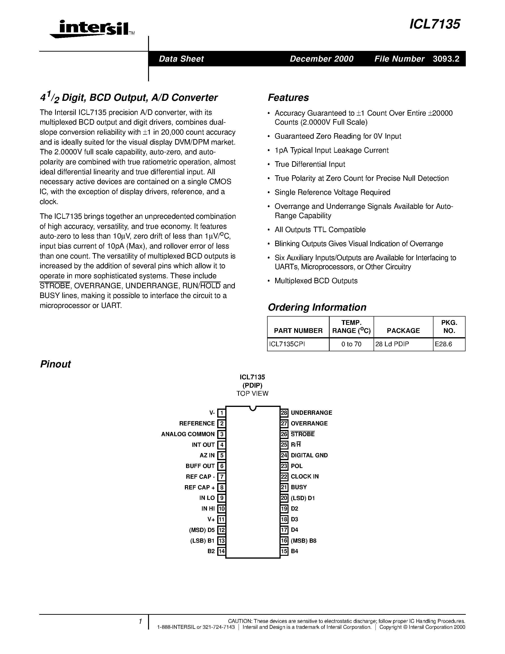 Даташит ICL7135 - 41/ Digit/ BCD Output/ A/D Converter страница 1