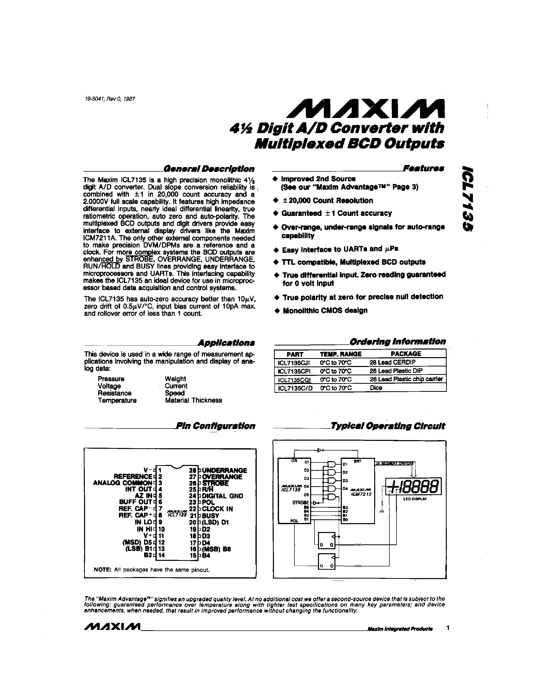 Даташит ICL7135 - 4 Digit A/D Converter with Multiplexed BCD Outputs страница 1
