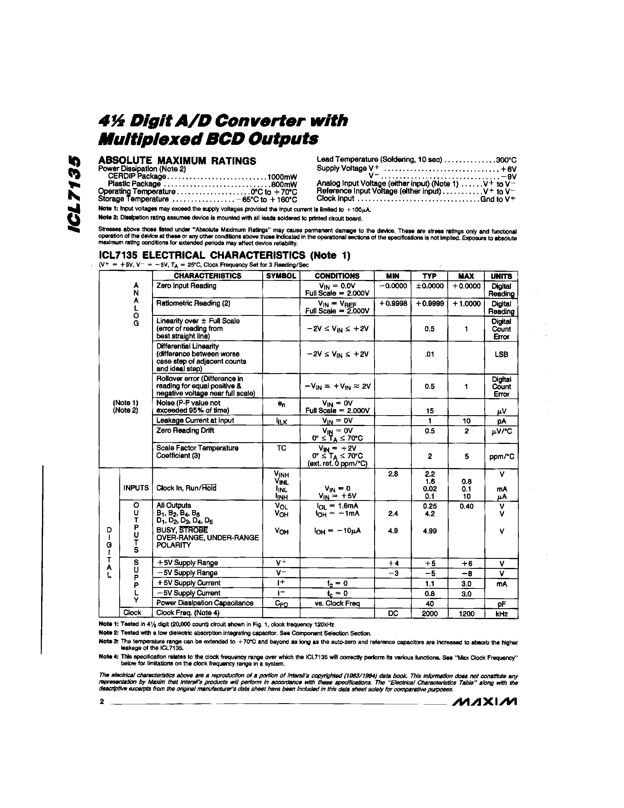 Даташит ICL7135 - 4 Digit A/D Converter with Multiplexed BCD Outputs страница 2