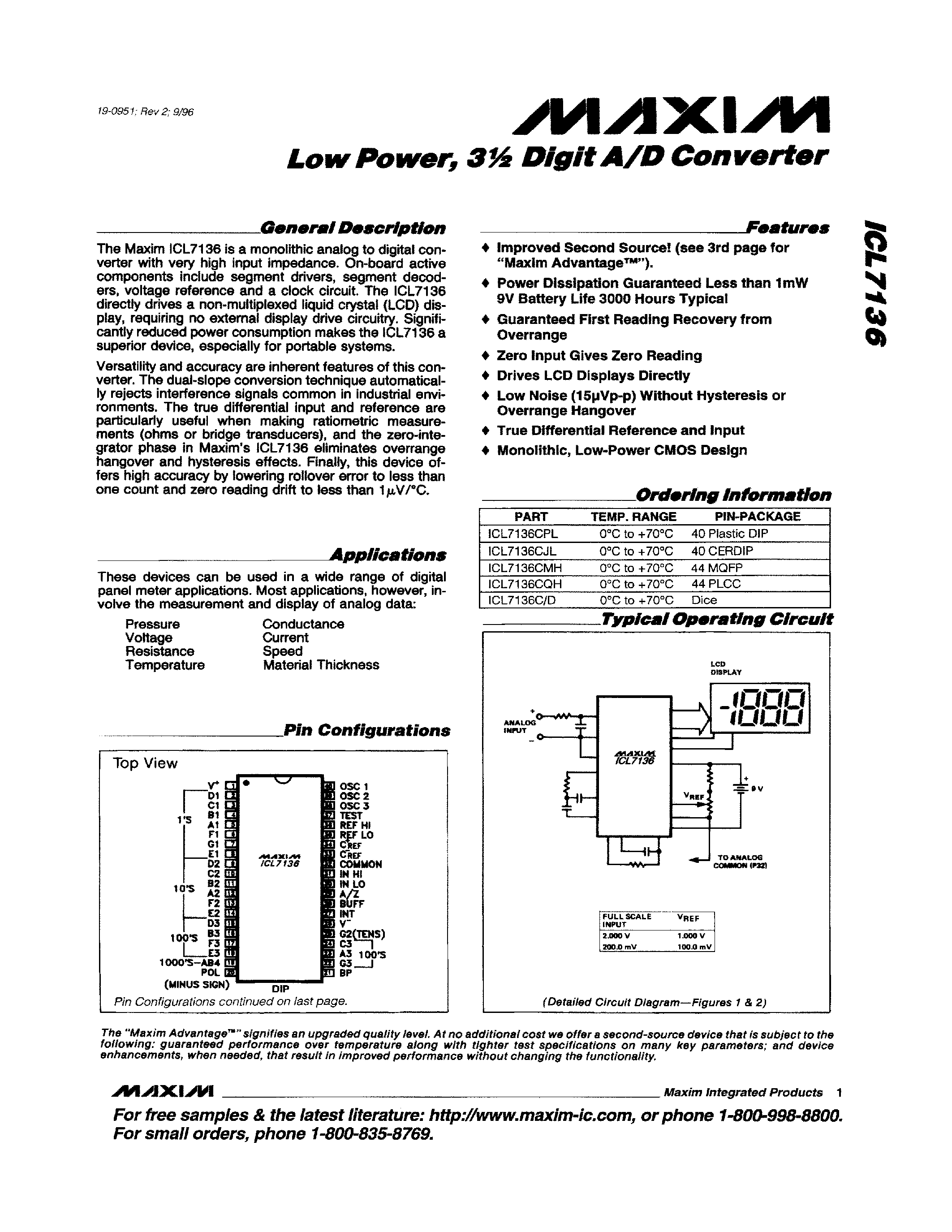 Даташит ICL7136C/D - Low Power/ 3 Digit A/D Converter страница 1