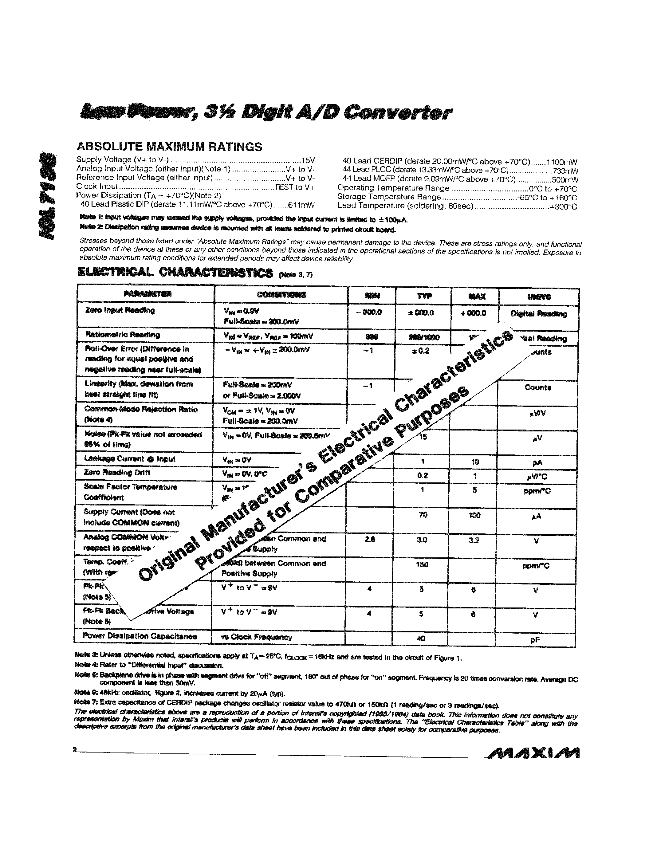 Datasheet ICL7136C/D - Low Power/ 3 Digit A/D Converter page 2