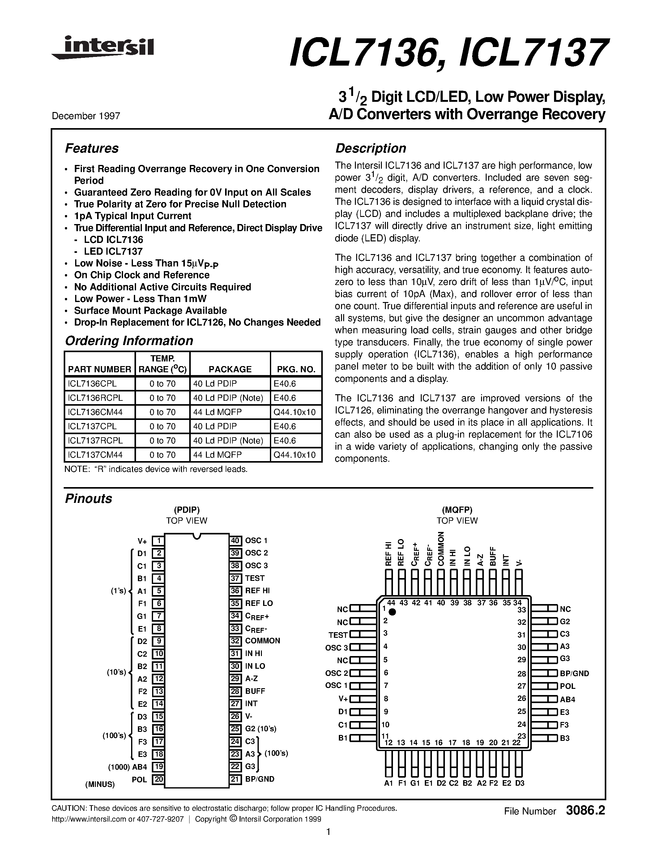 Даташит ICL7136CM44 - 31/2 Digit LCD/LED/ Low Power Display/ A/D Converters with Overrange Recovery страница 1