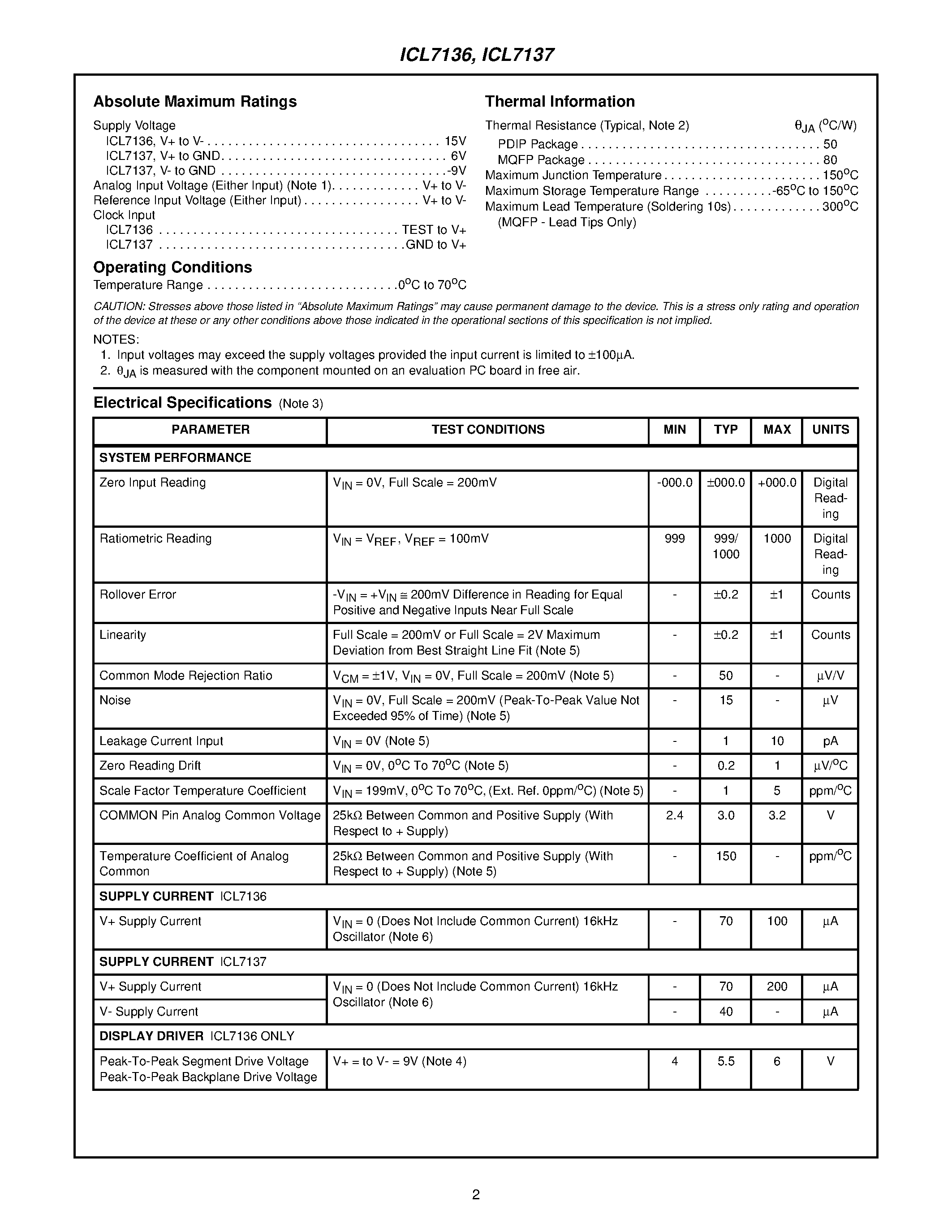Даташит ICL7136CM44 - 31/2 Digit LCD/LED/ Low Power Display/ A/D Converters with Overrange Recovery страница 2