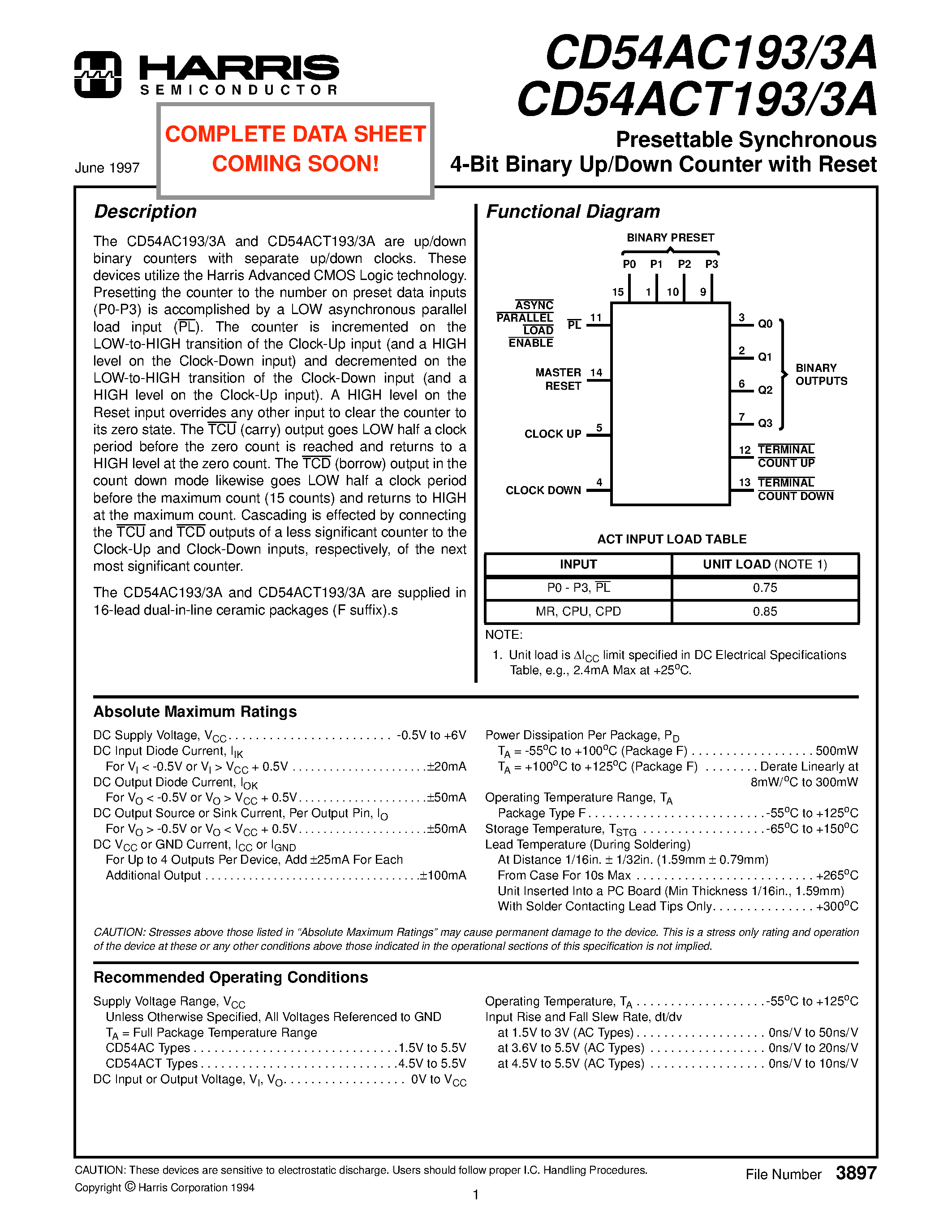 Даташит CD54AC193 - Presettable Synchronous 4-Bit Binary Up/Down Counter with Reset страница 1