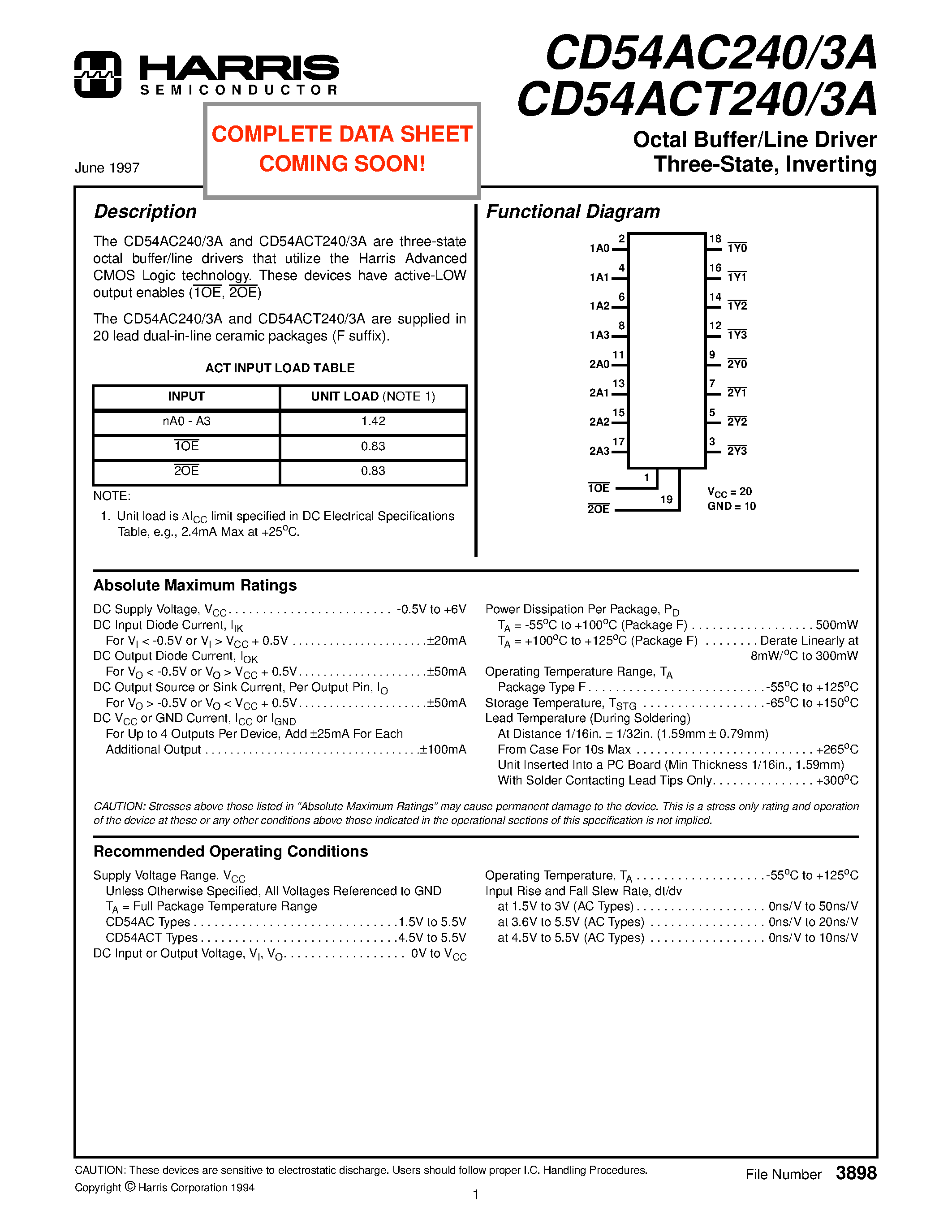 Даташит CD54AC2403A - Octal Buffer/Line Driver Three-State/ Inverting страница 1