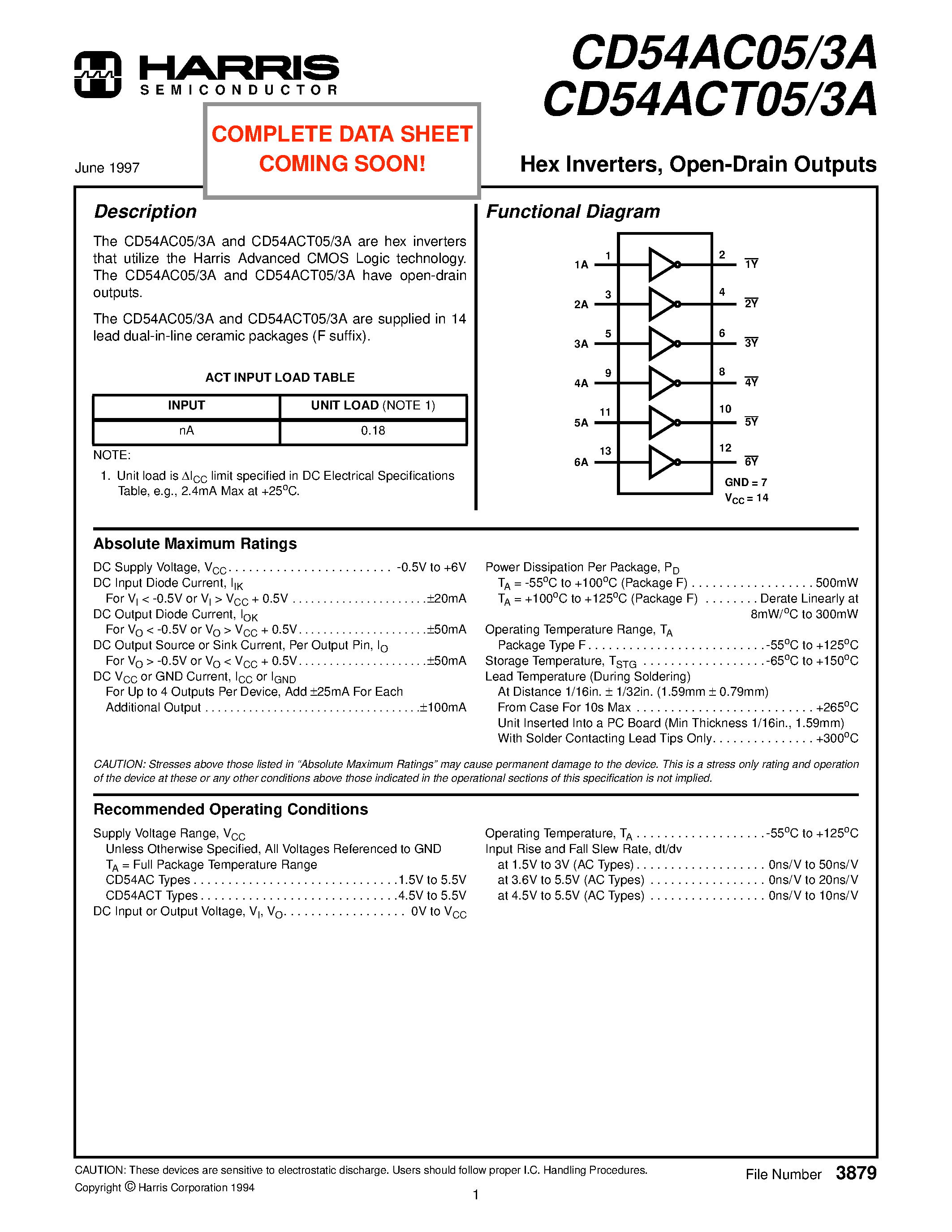 Datasheet CD54ACT05 page 1 Datasheet CD54ACT05 - Hex Inverters/ Open-Drain Outputs page 1