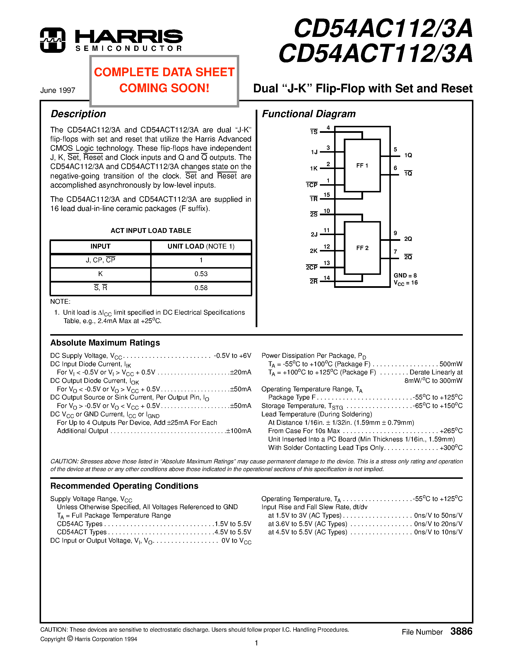 Datasheet CD54ACT112 page 1 Datasheet CD54ACT112 - Dual J-K Flip-Flop with Set and Reset page 1