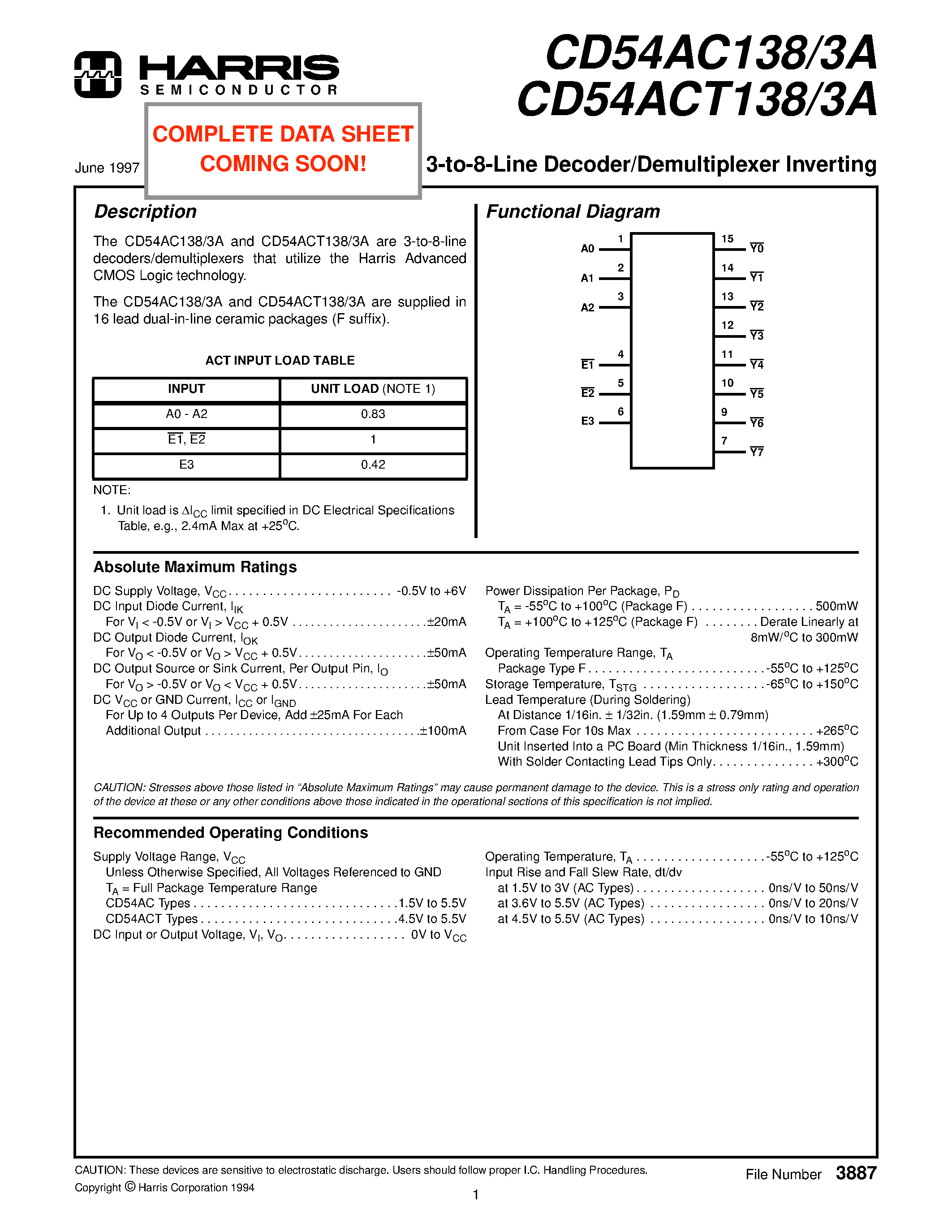 Datasheet CD54ACT1383A page 1 Datasheet CD54ACT1383A - 3-to-8-Line Decoder/Demultiplexer Inverting page 1