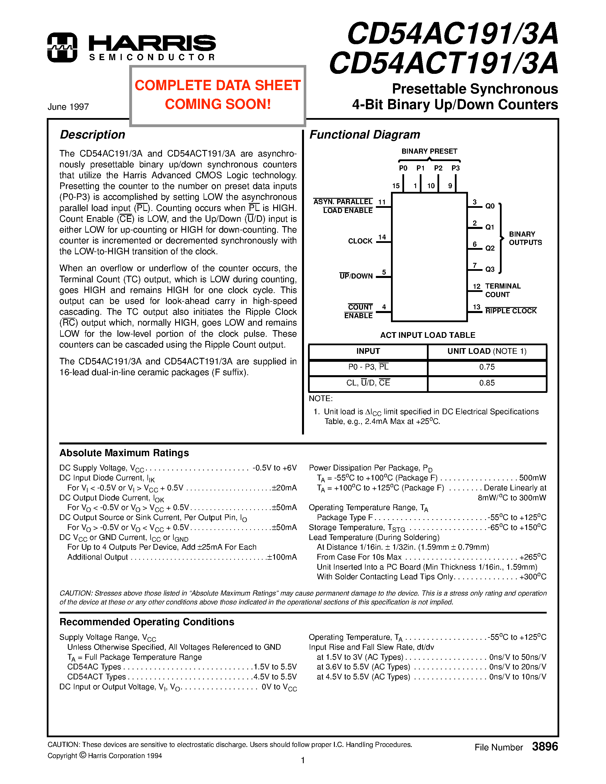 Datasheet CD54ACT191 page 1 Datasheet CD54ACT191 - Presettable Synchronous 4-Bit Binary Up/Down Counters page 1