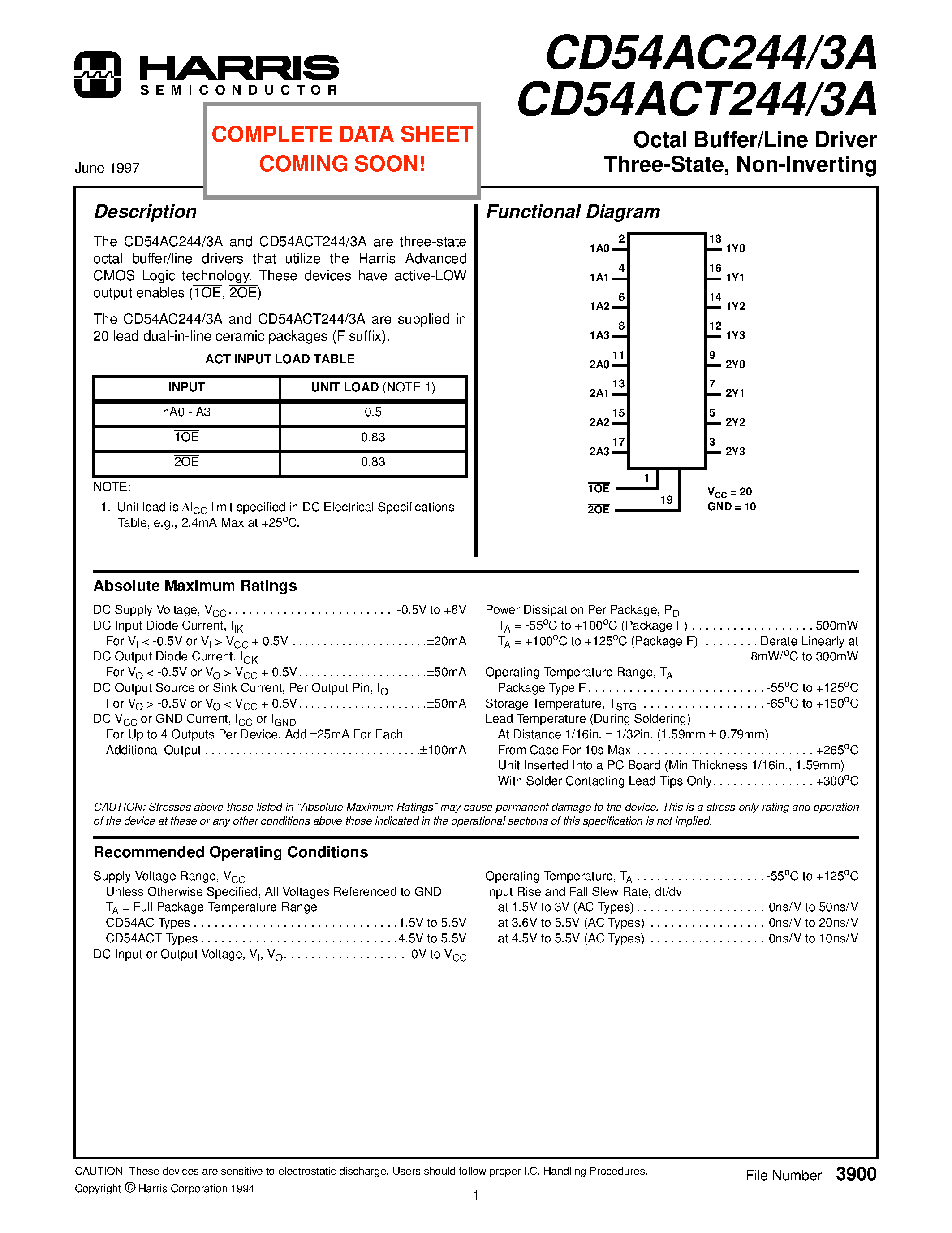 Datasheet CD54ACT244 page 1 Datasheet CD54ACT244 - Octal Buffer/Line Driver Three-State/ Non-Inverting page 1
