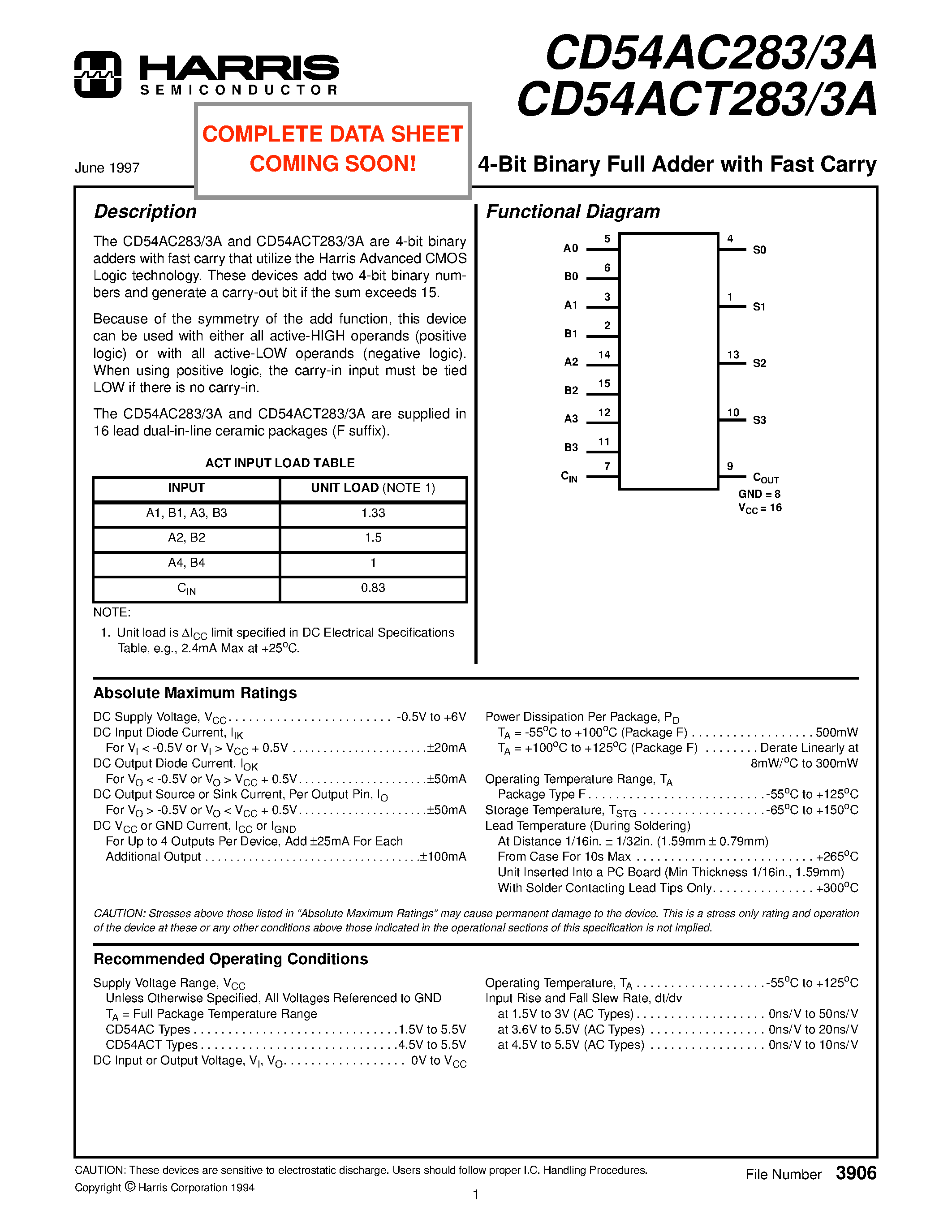 Datasheet CD54ACT2833A page 1 Datasheet CD54ACT2833A - 4-Bit Binary Full Adder with Fast Carry page 1