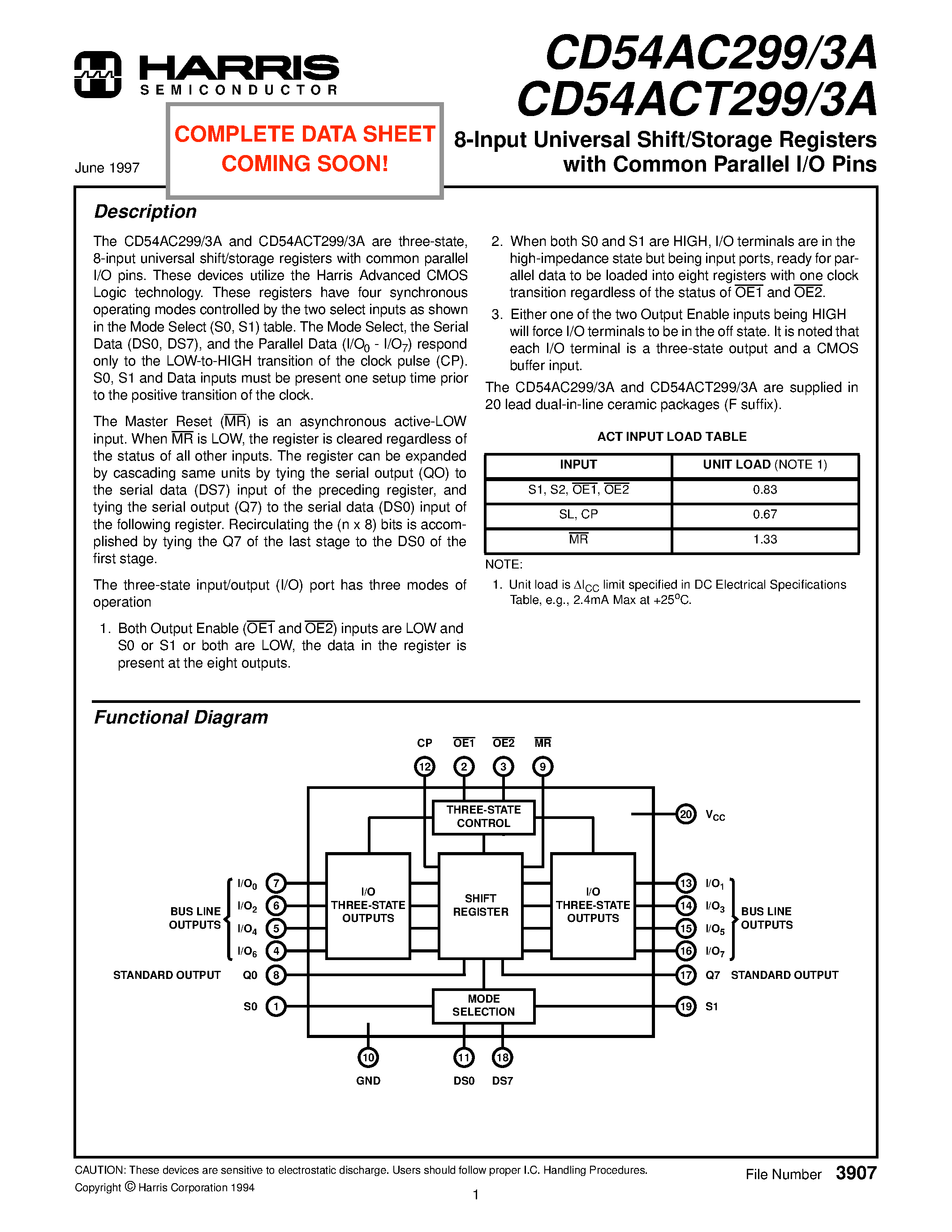 Datasheet CD54ACT299 page 2 Datasheet CD54ACT299 - 8-Input Universal Shift/Storage Registers with Common Parallel I/O Pins page 2
