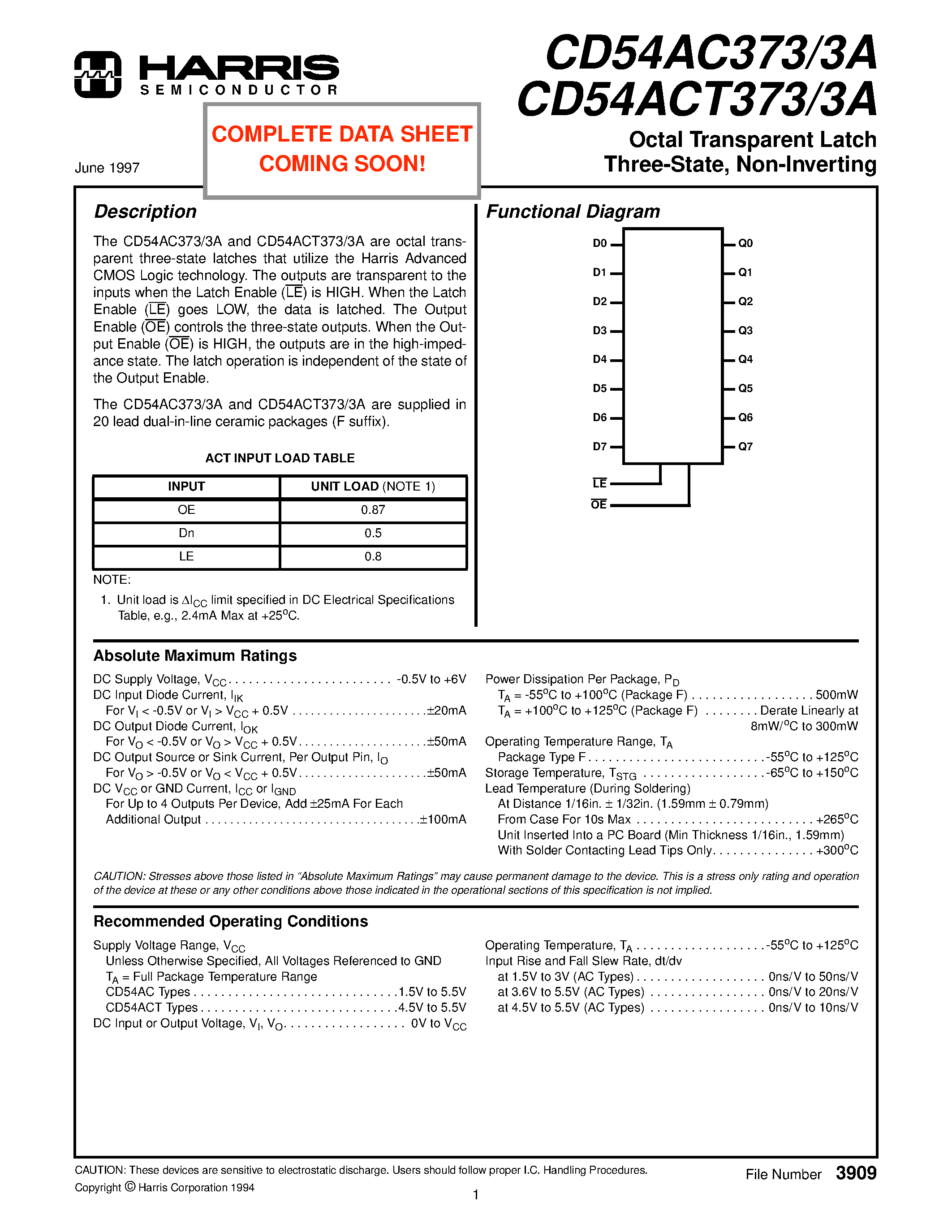 Datasheet CD54ACT3733A page 1 Datasheet CD54ACT3733A - Octal Transparent Latch Three-State/ Non-Inverting page 1