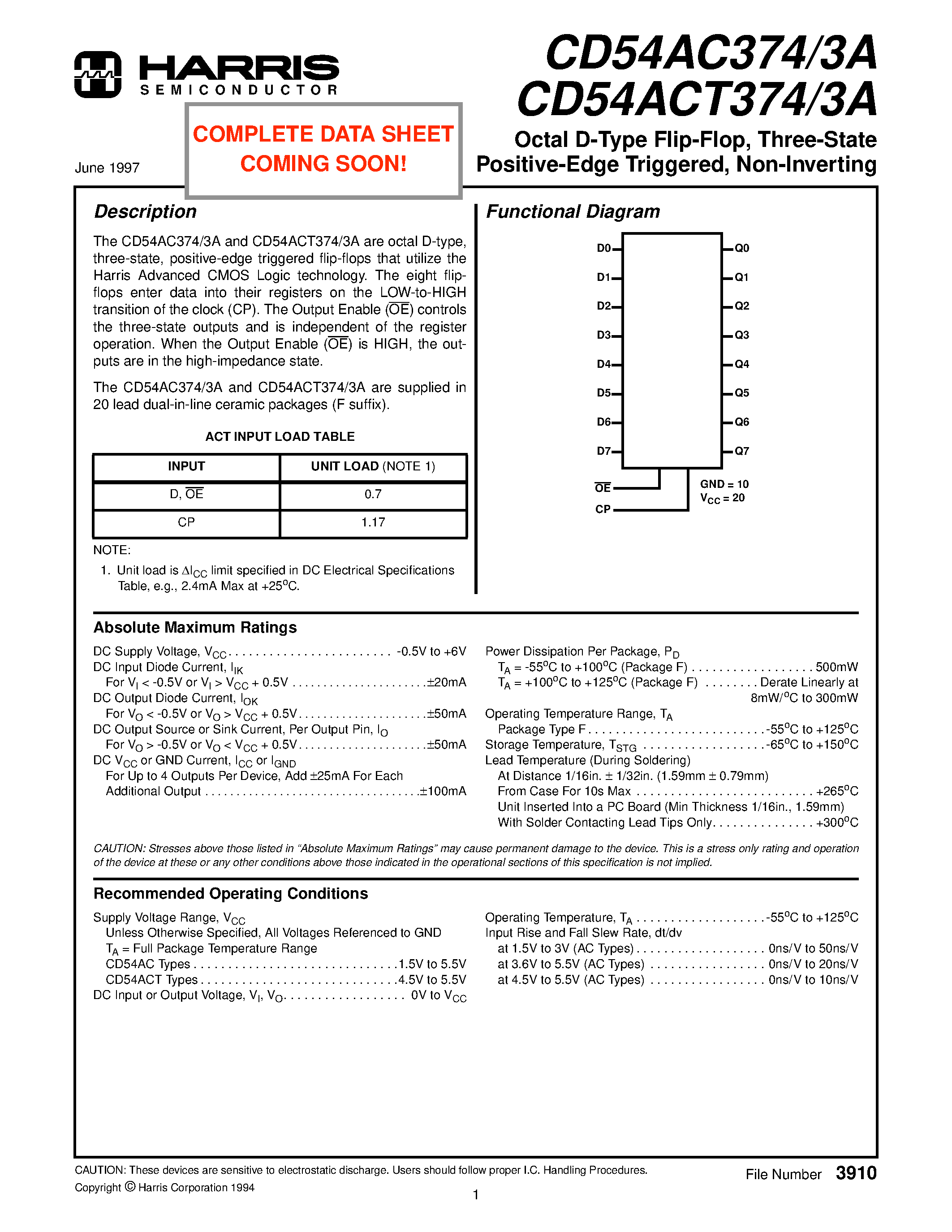 Datasheet CD54ACT3743A page 1 Datasheet CD54ACT3743A - Octal D-Type Flip-Flop/ Three-State Positive-Edge Triggered/ Non-Inverting page 1