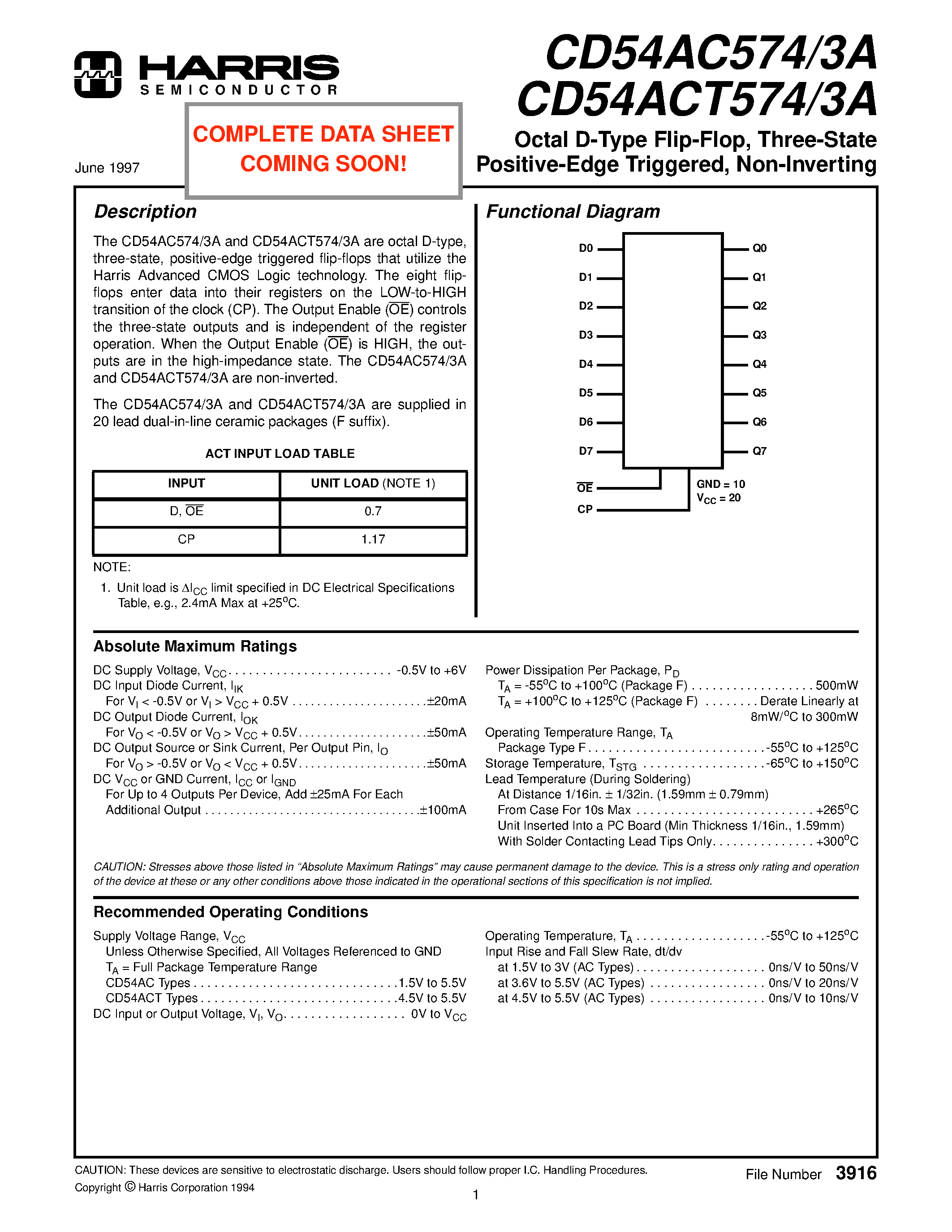 Datasheet CD54ACT5743A page 1 Datasheet CD54ACT5743A - Octal D-Type Flip-Flop/ Three-State Positive-Edge Triggered/ Non-Inverting page 1