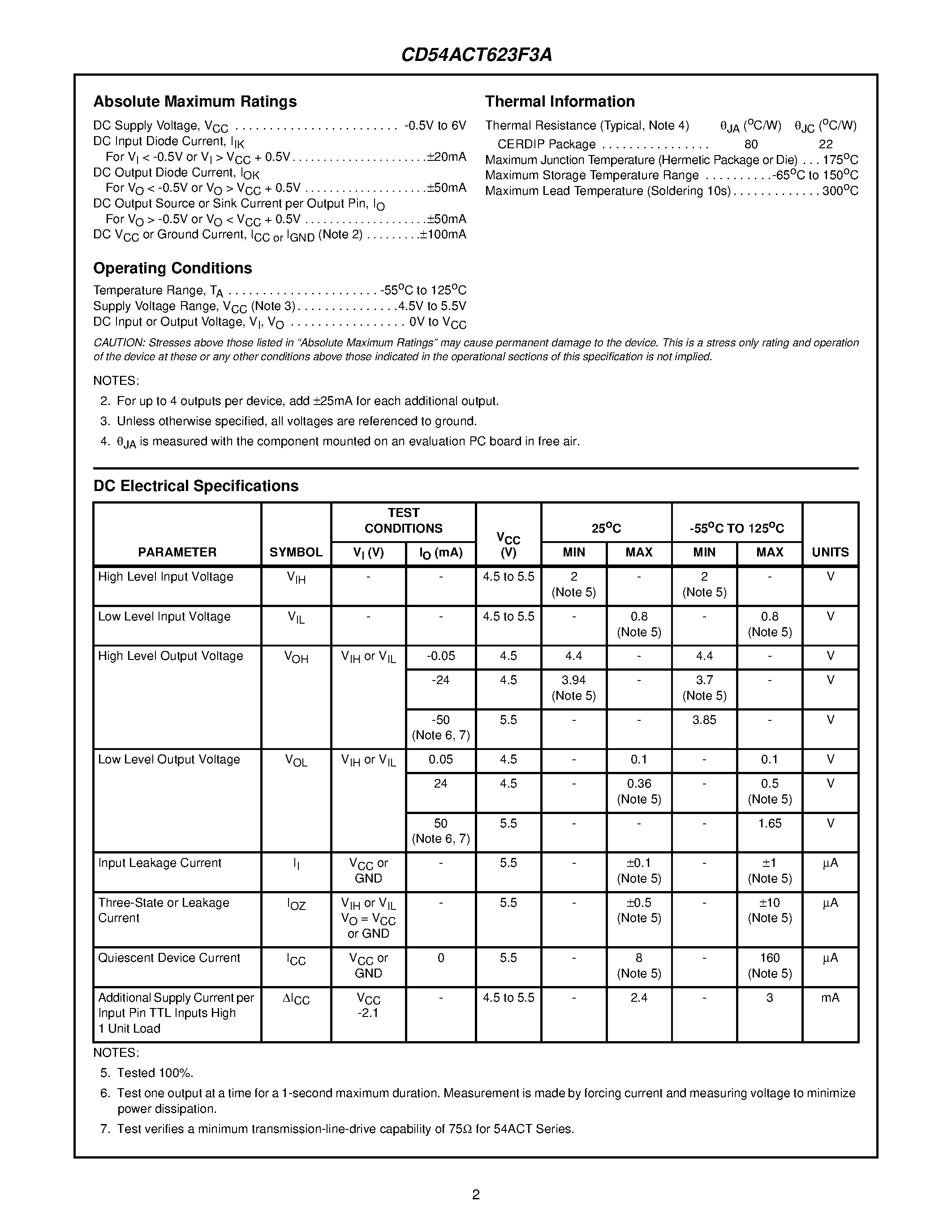 Datasheet CD54ACT623F3A page 2 Datasheet CD54ACT623F3A - Octal Bus Transceiver Three-State/ Non-Inverting page 2