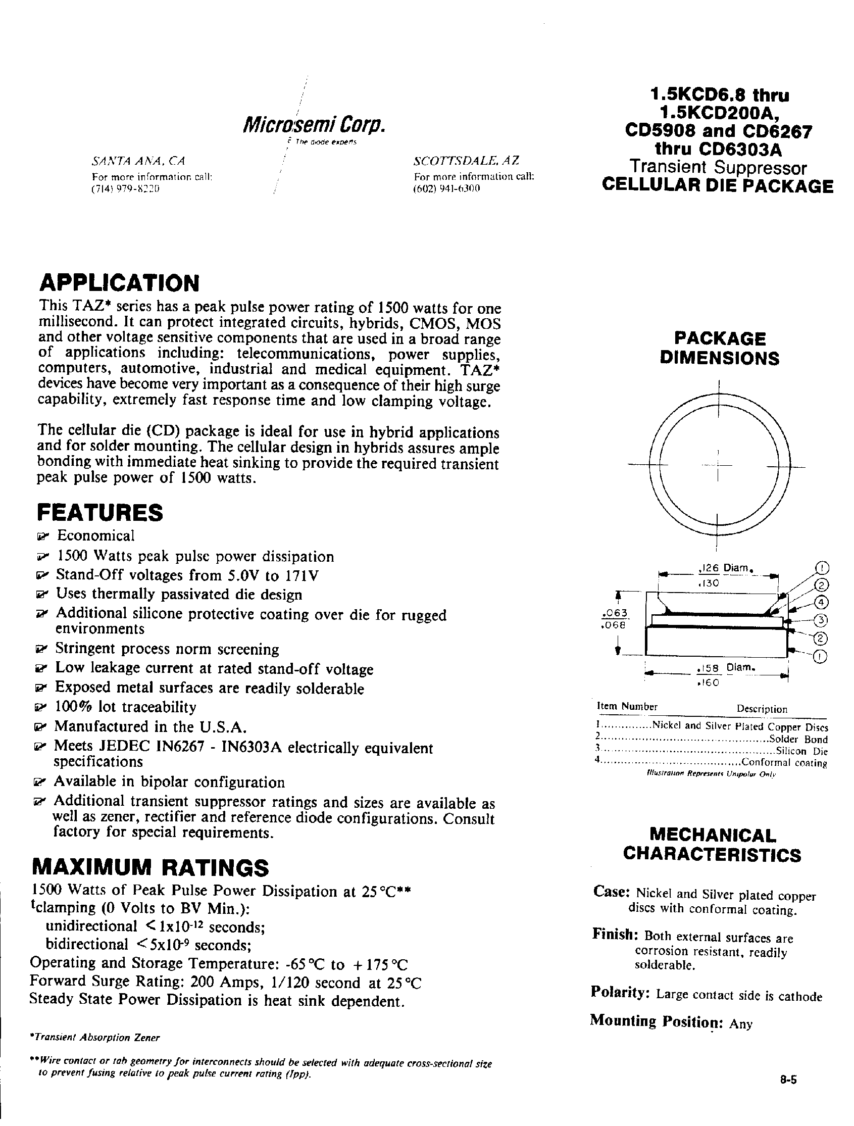 Datasheet CD6292A - Transient suppressor CELLULAR DIE PACKAGE page 1