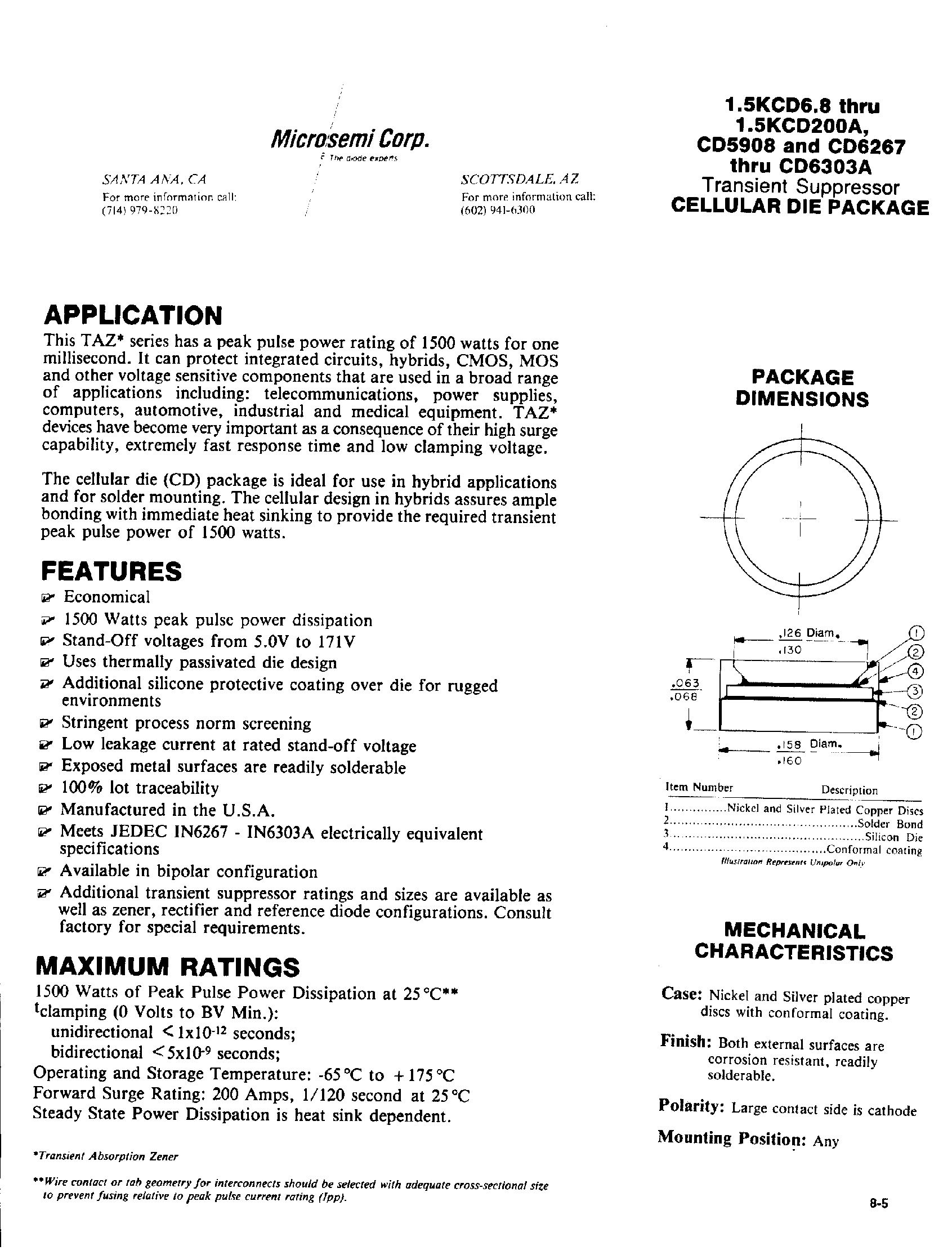 Datasheet CD6300 - Transient suppressor CELLULAR DIE PACKAGE page 1