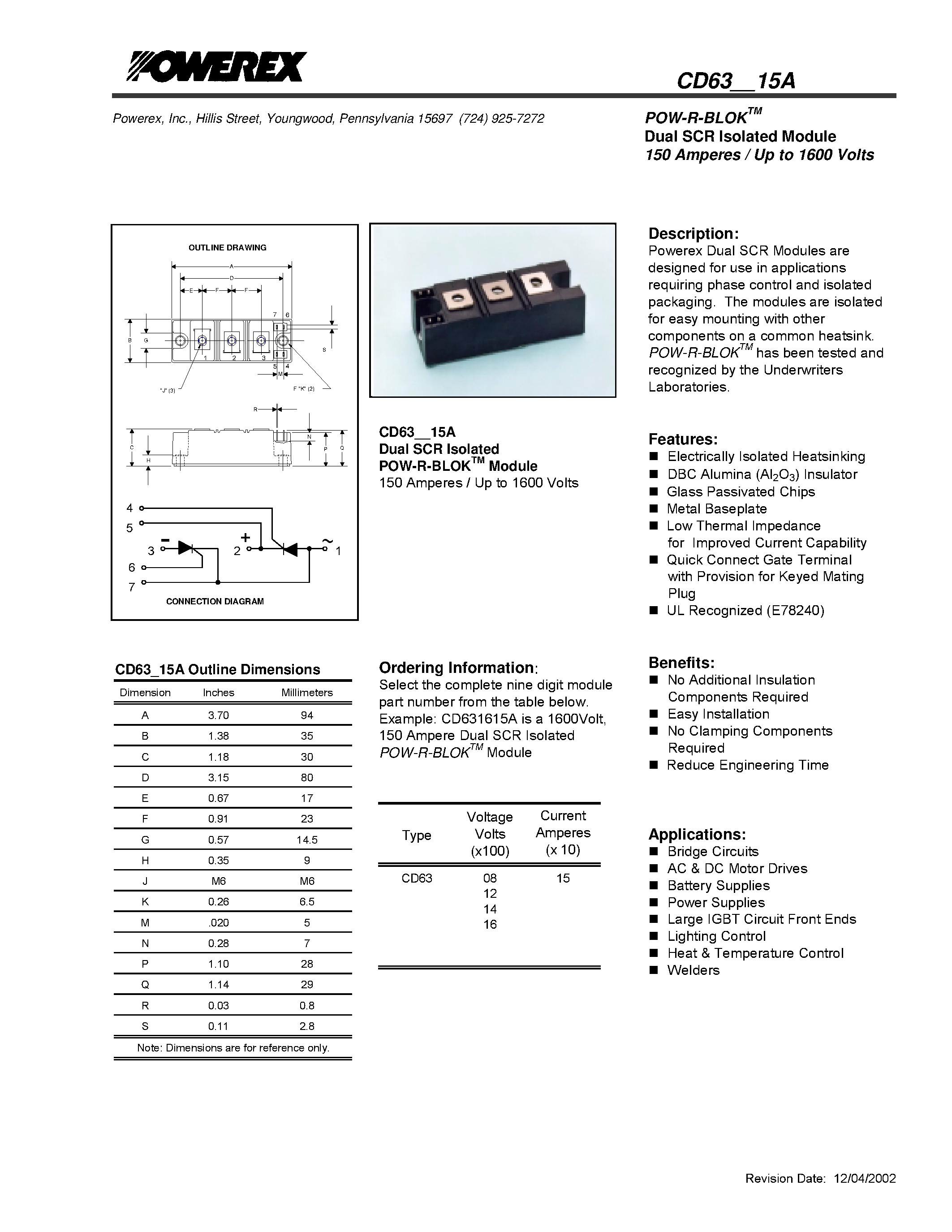 Datasheet CD631215A - POW-R-BLOK Dual SCR Isolated Module 150 Amperes / Up to 1600 Volts page 1