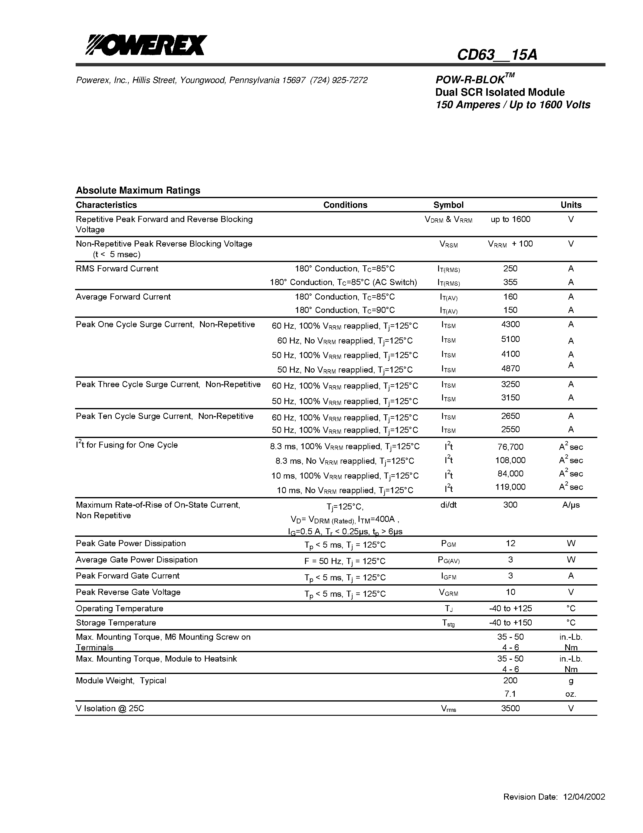 Datasheet CD631215A - POW-R-BLOK Dual SCR Isolated Module 150 Amperes / Up to 1600 Volts page 2