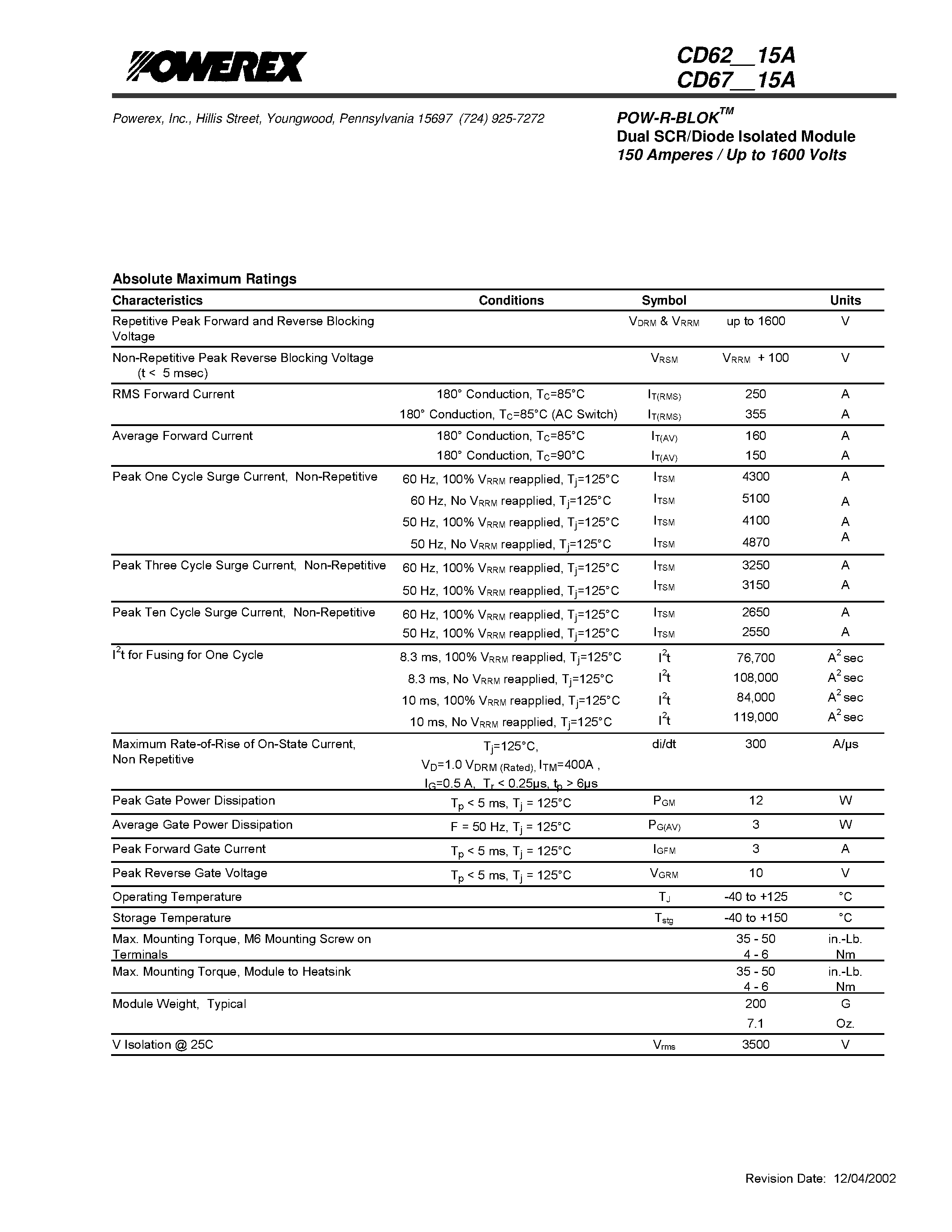 Datasheet CD671415A page 2 Datasheet CD671415A - POW-R-BLOK Dual SCR/Diode Isolated Module 150 Amperes / Up to 1600 Volts page 2