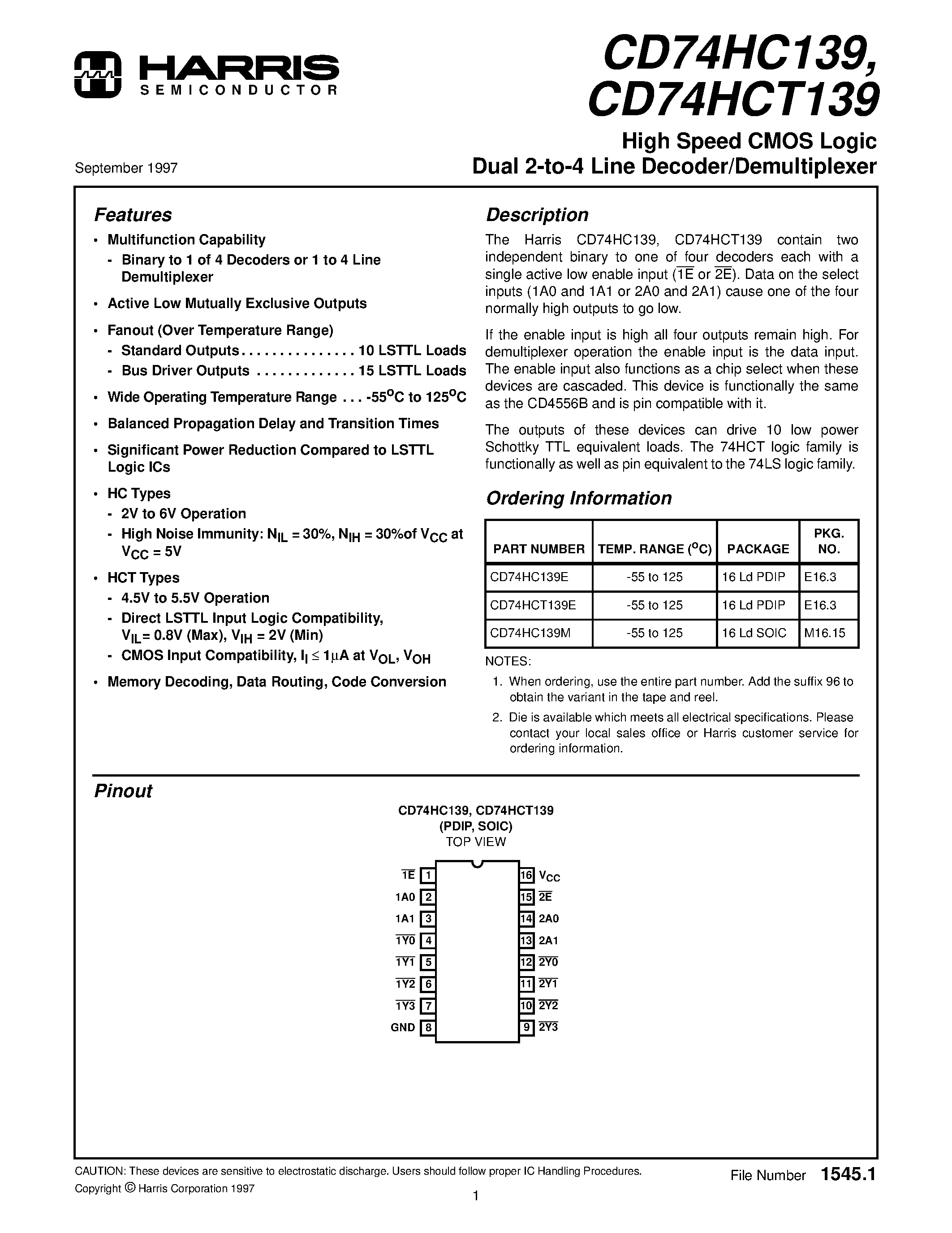 Datasheet CD74HC139M - High Speed CMOS Logic Dual 2-to-4 Line Decoder/Demultiplexer page 1