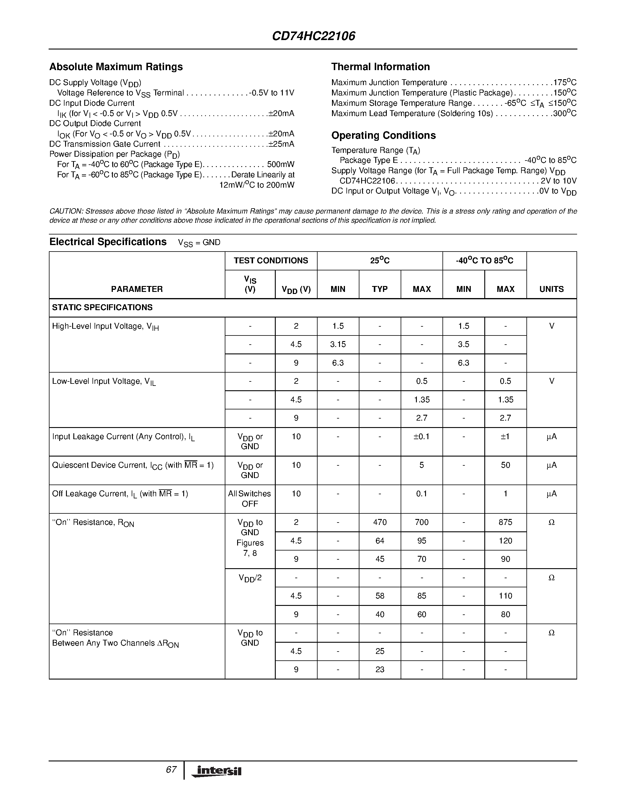 Даташит CD74HC22106 - QMOS 8 x 8 x 1 Crosspoint Switches with Memory Control страница 2